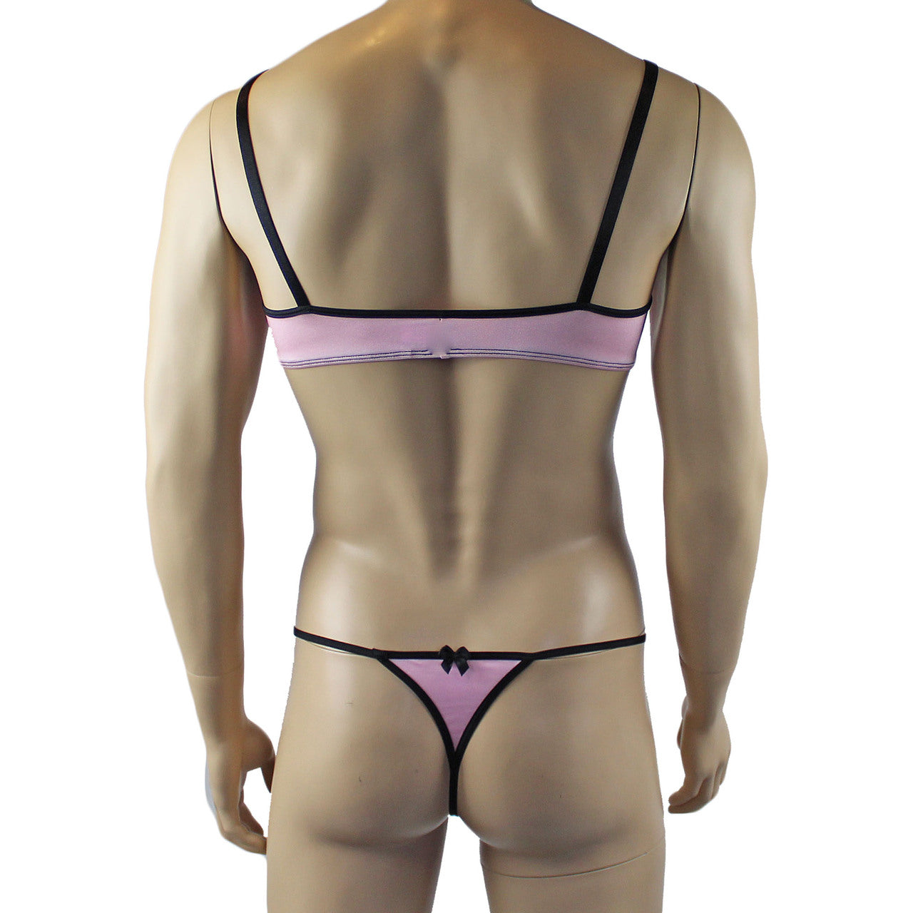 Mens Lingerie Twinkle Spandex Bra & G string with Bow, Light Pink & Black