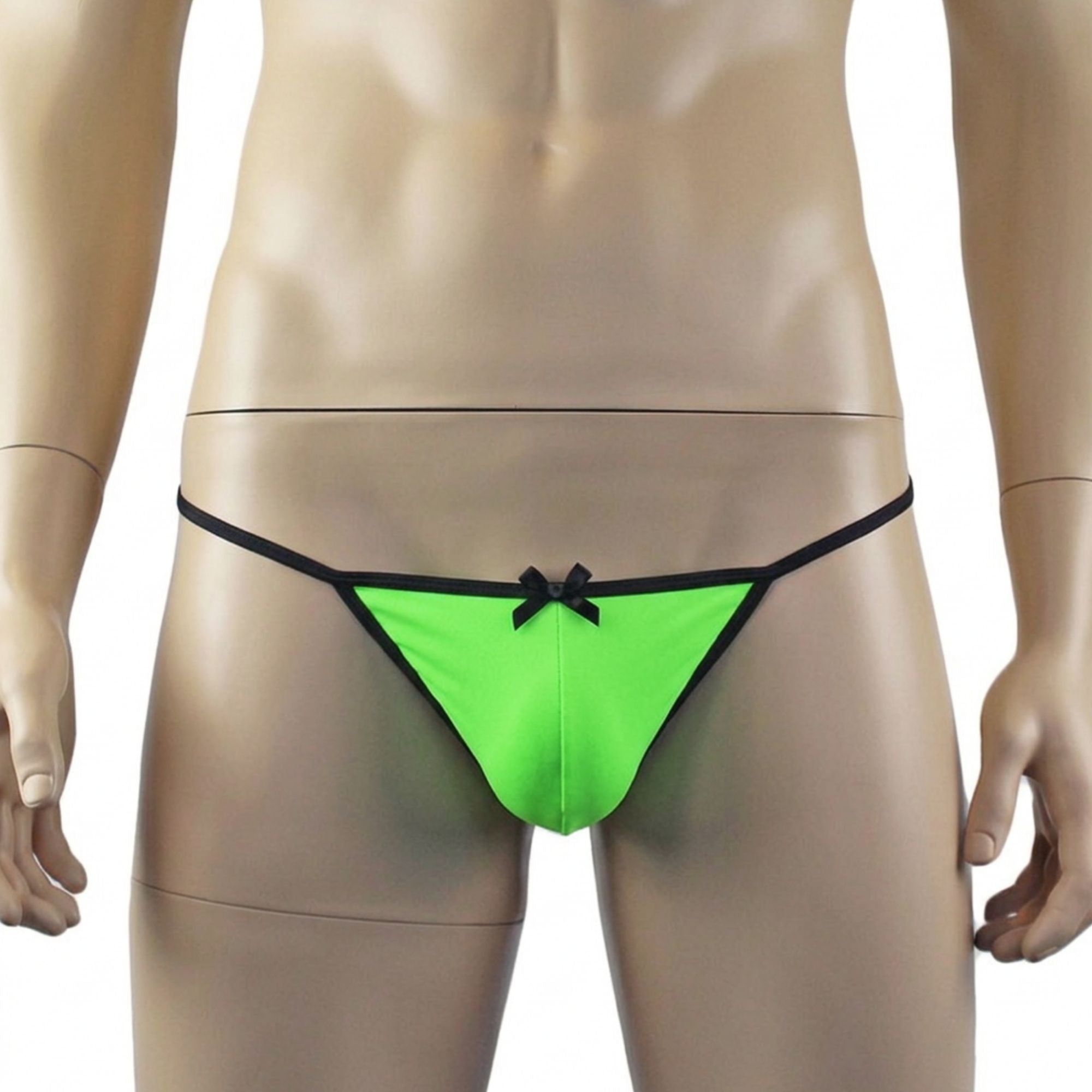 Mens Jenny Shiny Spandex Pouch G string with Bow Neon Green & Black