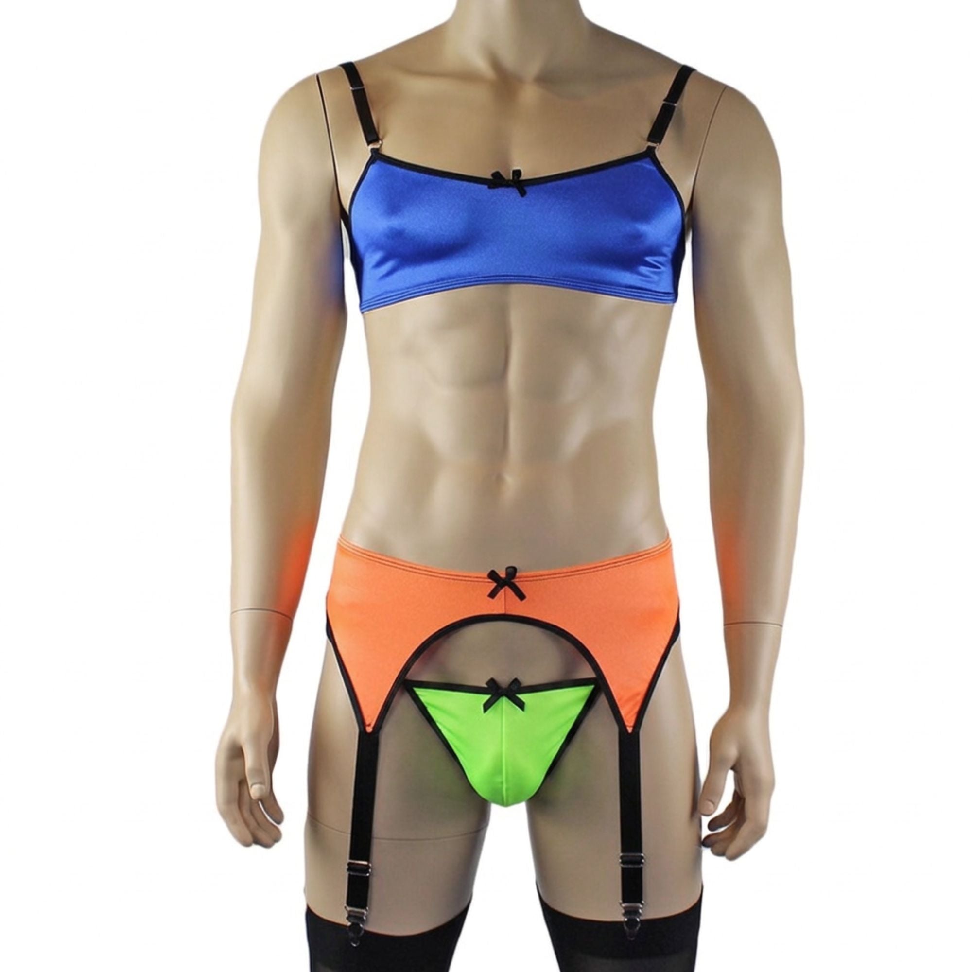 Mens Jenny Shiny Spandex Bra Top, G string and Garterbelt Multi Set Blue Orange Green
