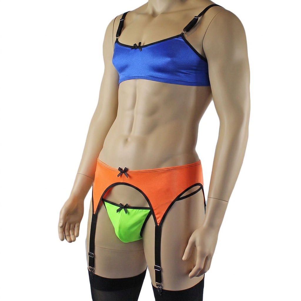 Mens Jenny Shiny Spandex Bra Top, G string and Garterbelt Multi Set Blue Orange Green