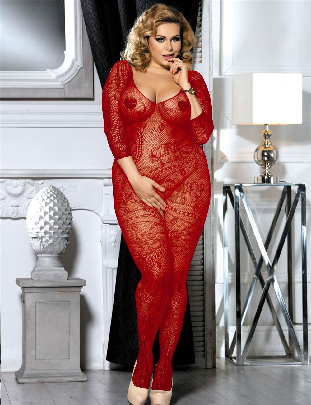 JCSTK - Unisex Lingerie Floral Swirl Bodystocking with Sleeves Red