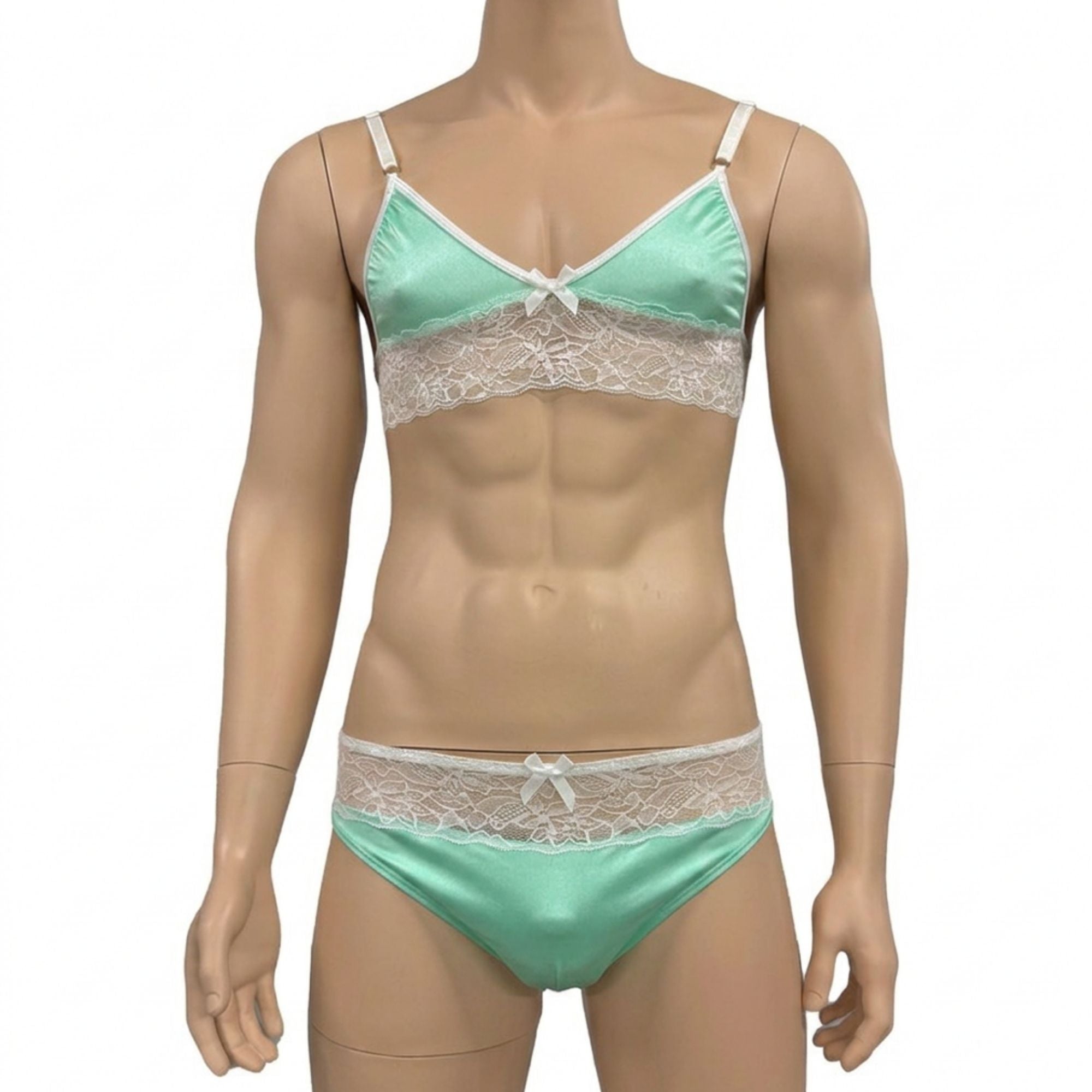 Mens Jackie & Lace Bra Top and Seamless Front Brief Mint & White Lace