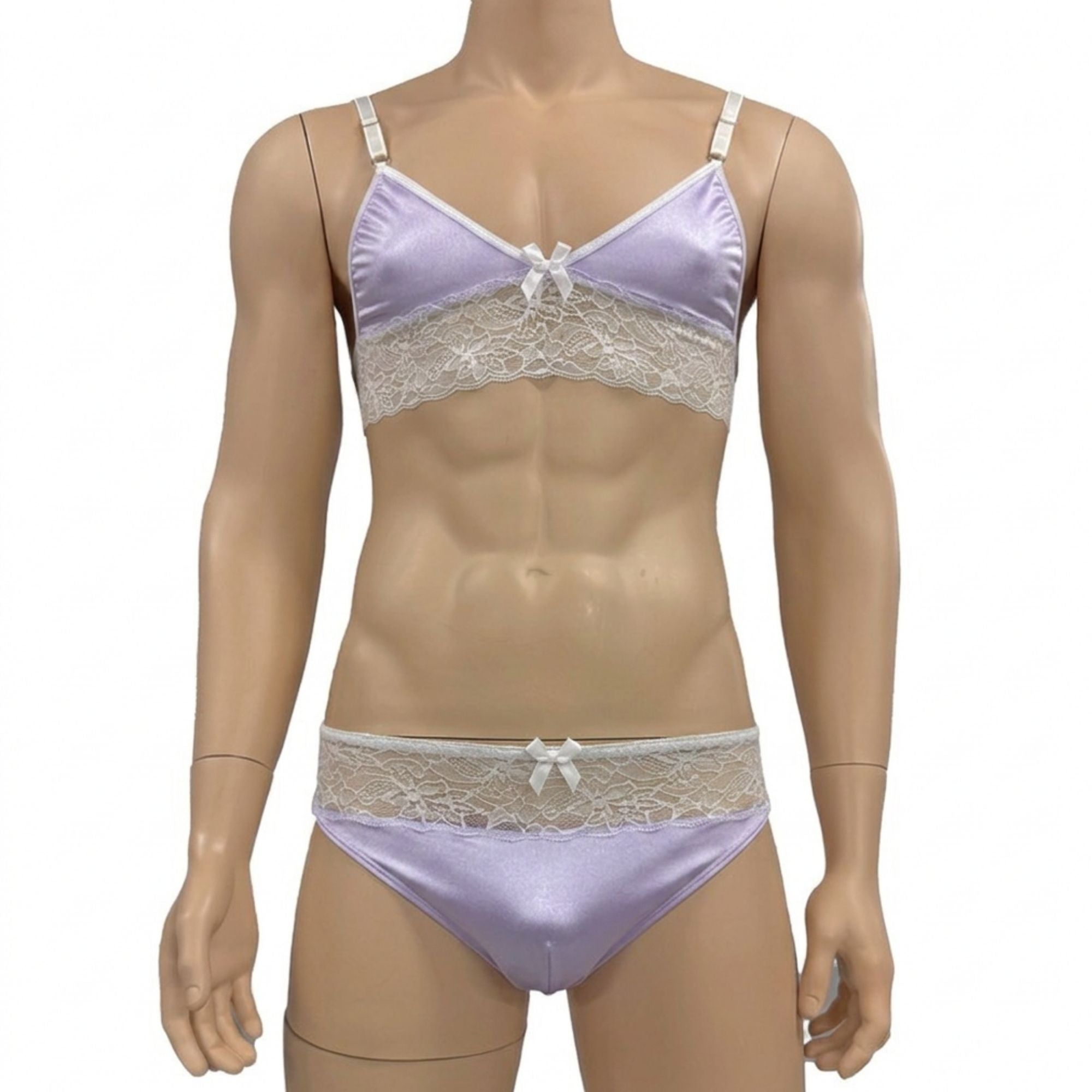Mens Jackie & Lace Bra Top and Seamless Front Brief Lilac & White Lace