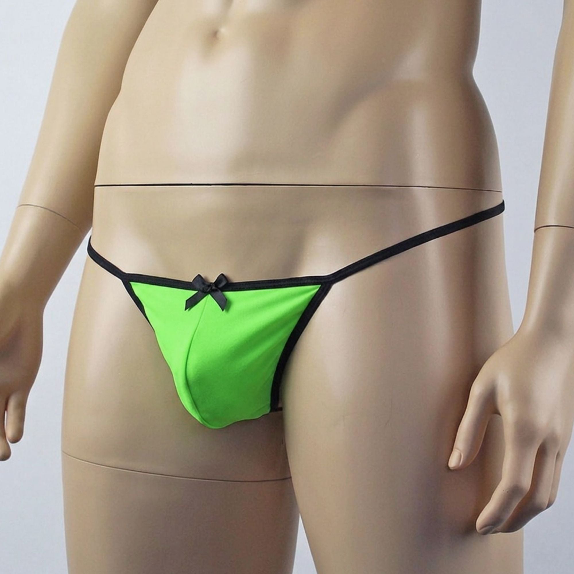 Mens Jenny Shiny Spandex Pouch G string with Bow Neon Green & Black