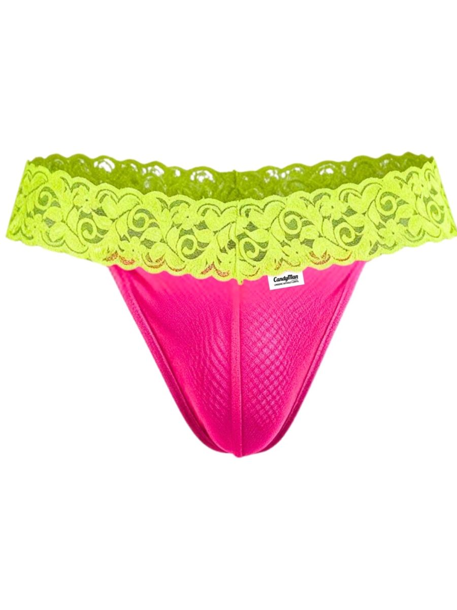 CandyMan 95015 Mens Daring Floral Lace Thongs Hot Pink & Yellow