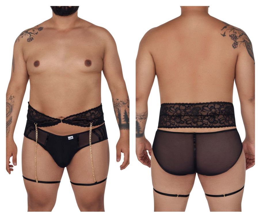 CandyMan 99703X Garter Briefs Two Piece Set Black Plus Sizes