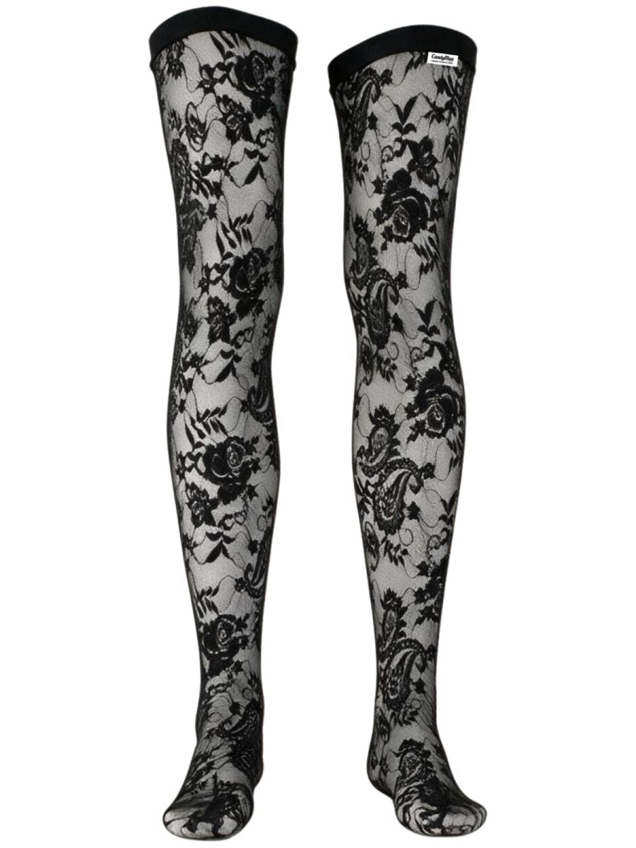 CandyMan 99968 Male Floral Stretch Lace Thigh Highs Black