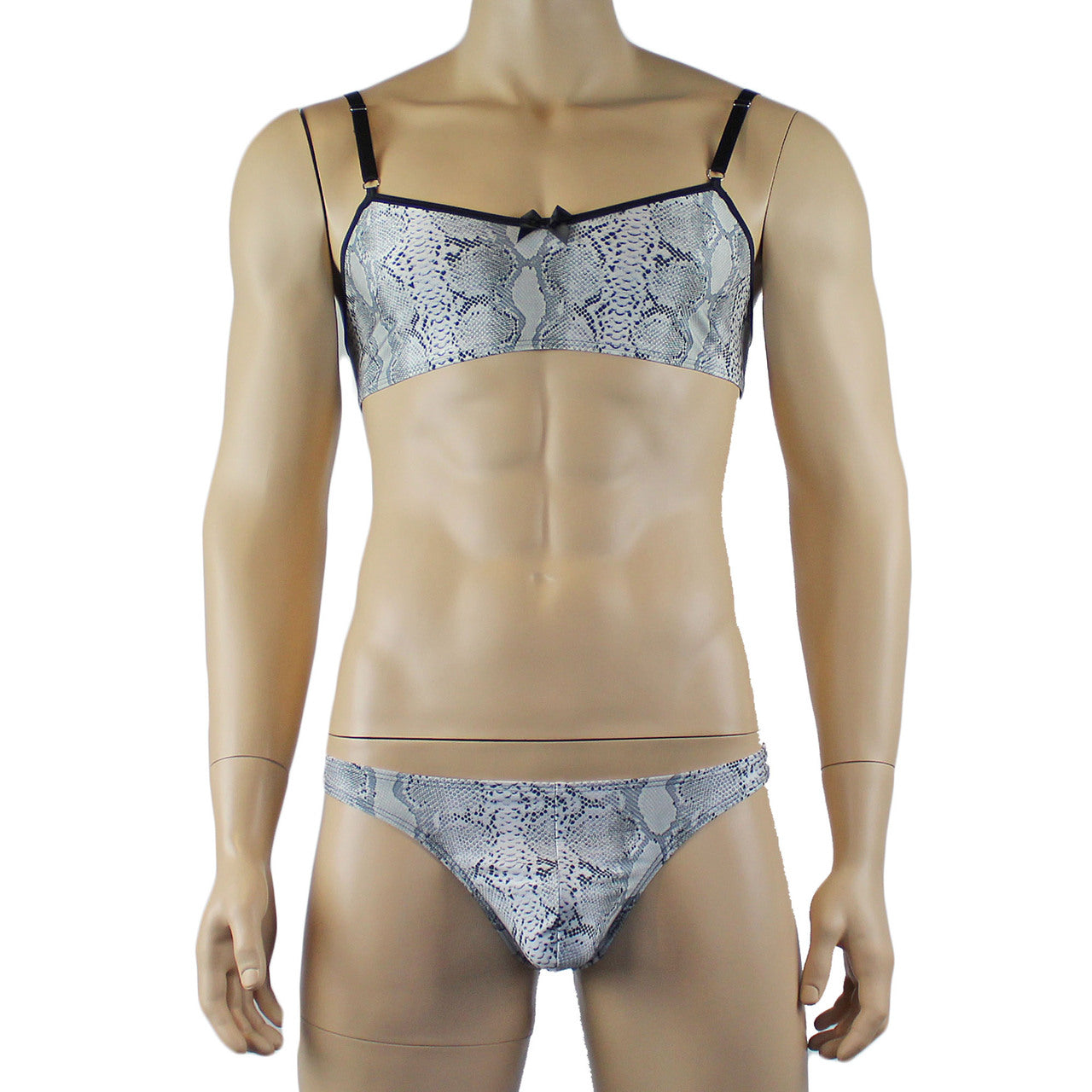 Mens Grey Snake Print Bra Top for Males & Thong
