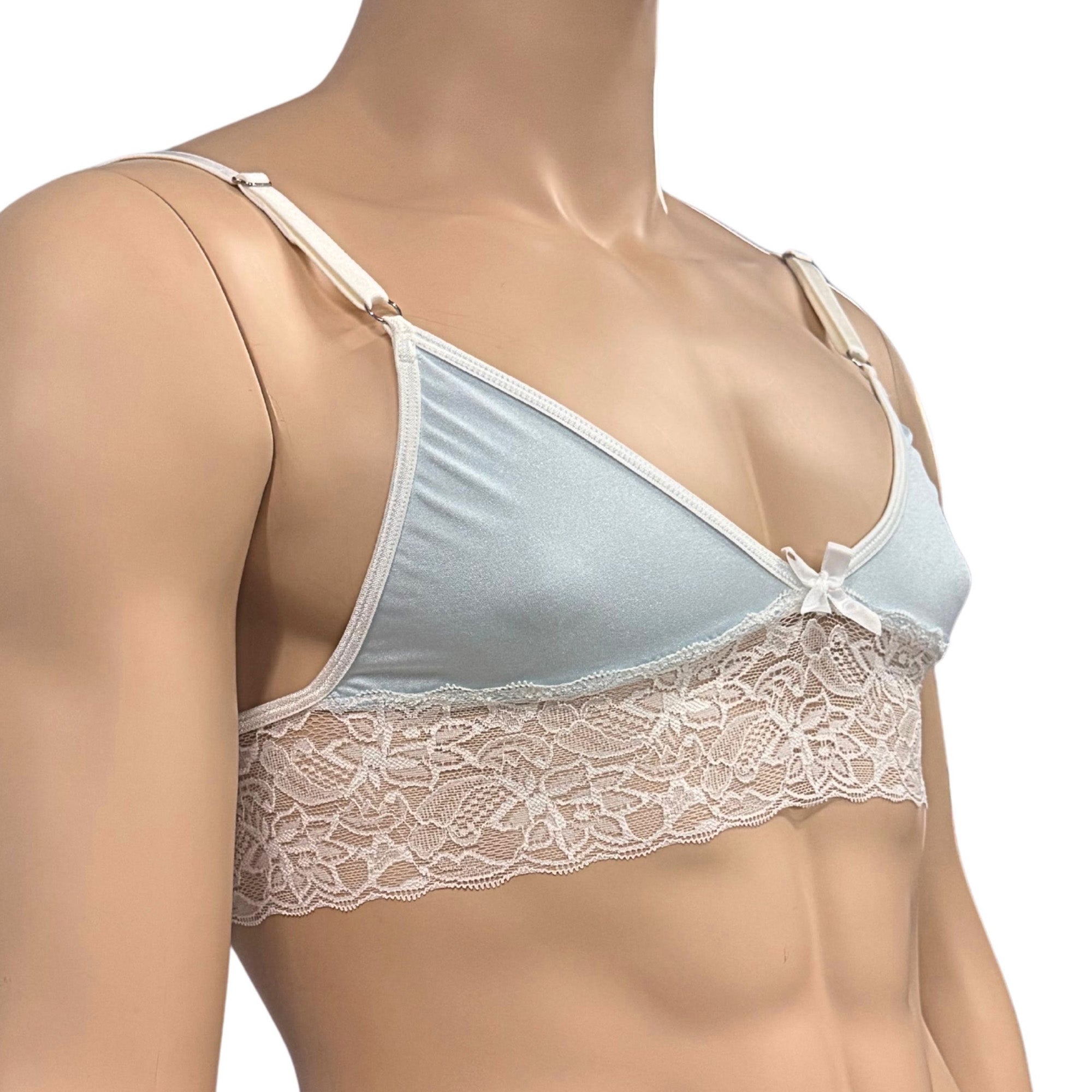 Mens Jackie & Lace Bra Top with Fun & Flirty Detail Light Blue & White Lace