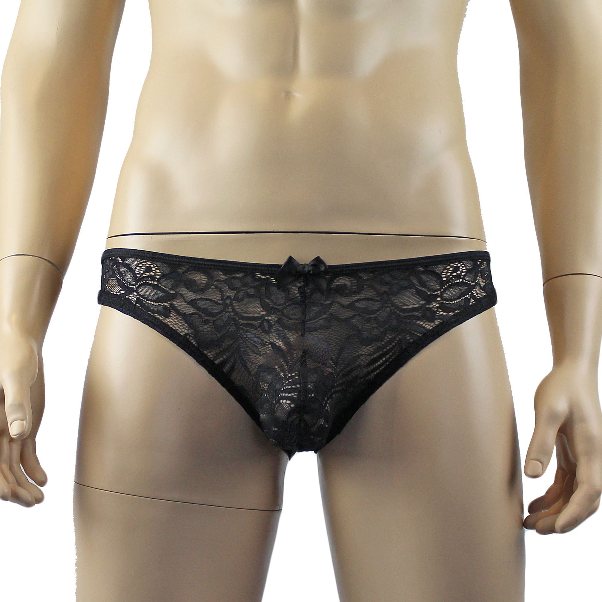 Mens Kristy Sexy Lace Thong Panties with Stretch Mesh Back Black