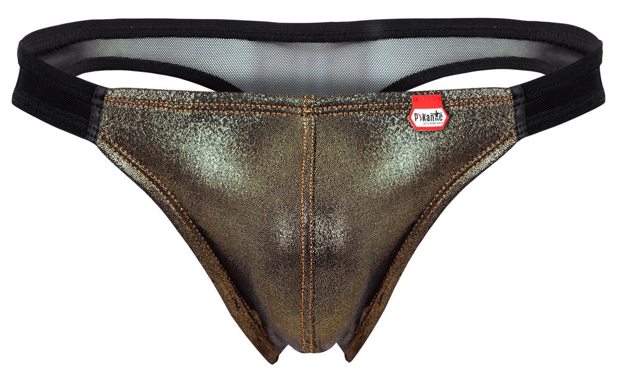 Pikante 2123 Glitters Mens Metallic Gold Front Thongs Black