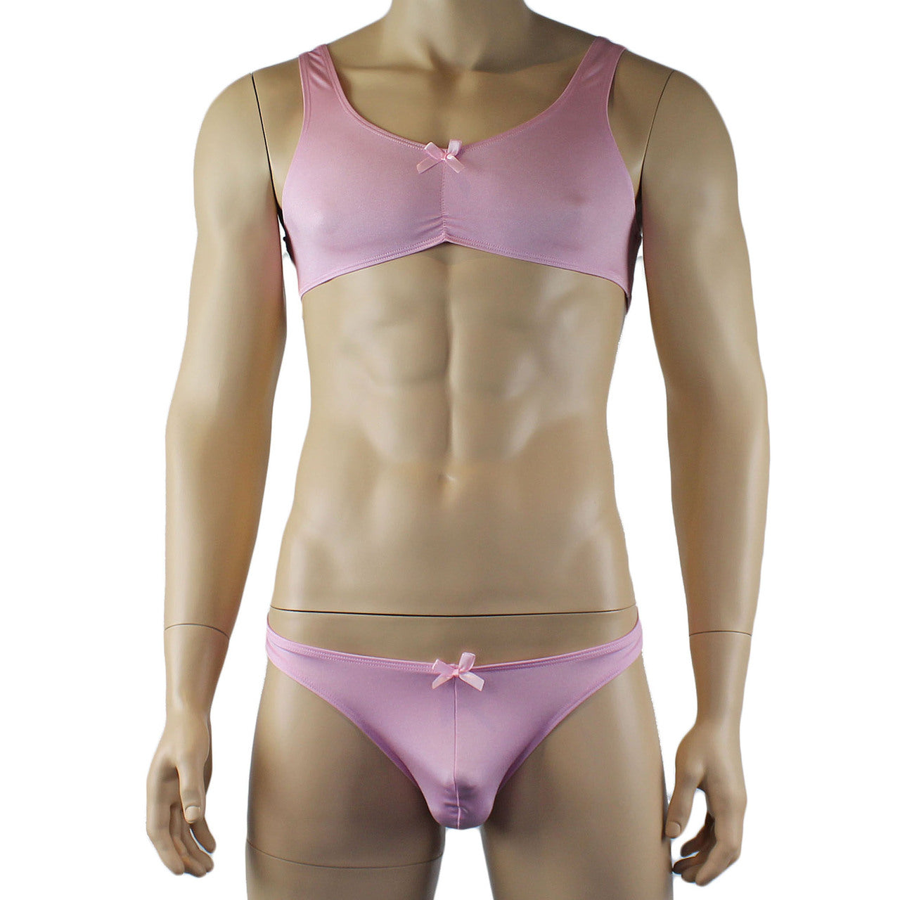 Male Angel Stretch Spandex Bra Top & Matching Thong with Bow Pink