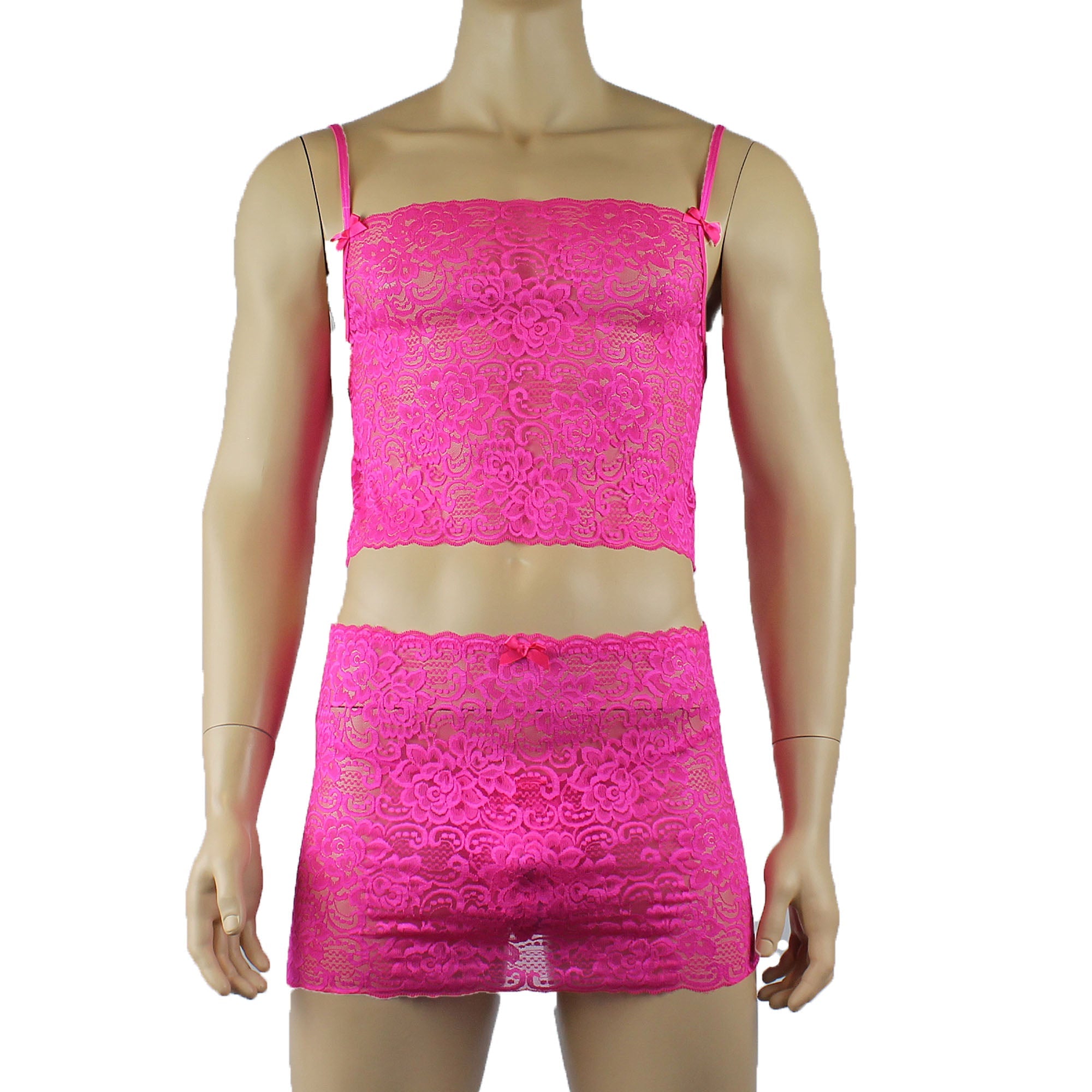Mens Rebecca Pretty Floral Lingerie Lace Camisole Top, Micro Mini Skirt and G string Hot Pink
