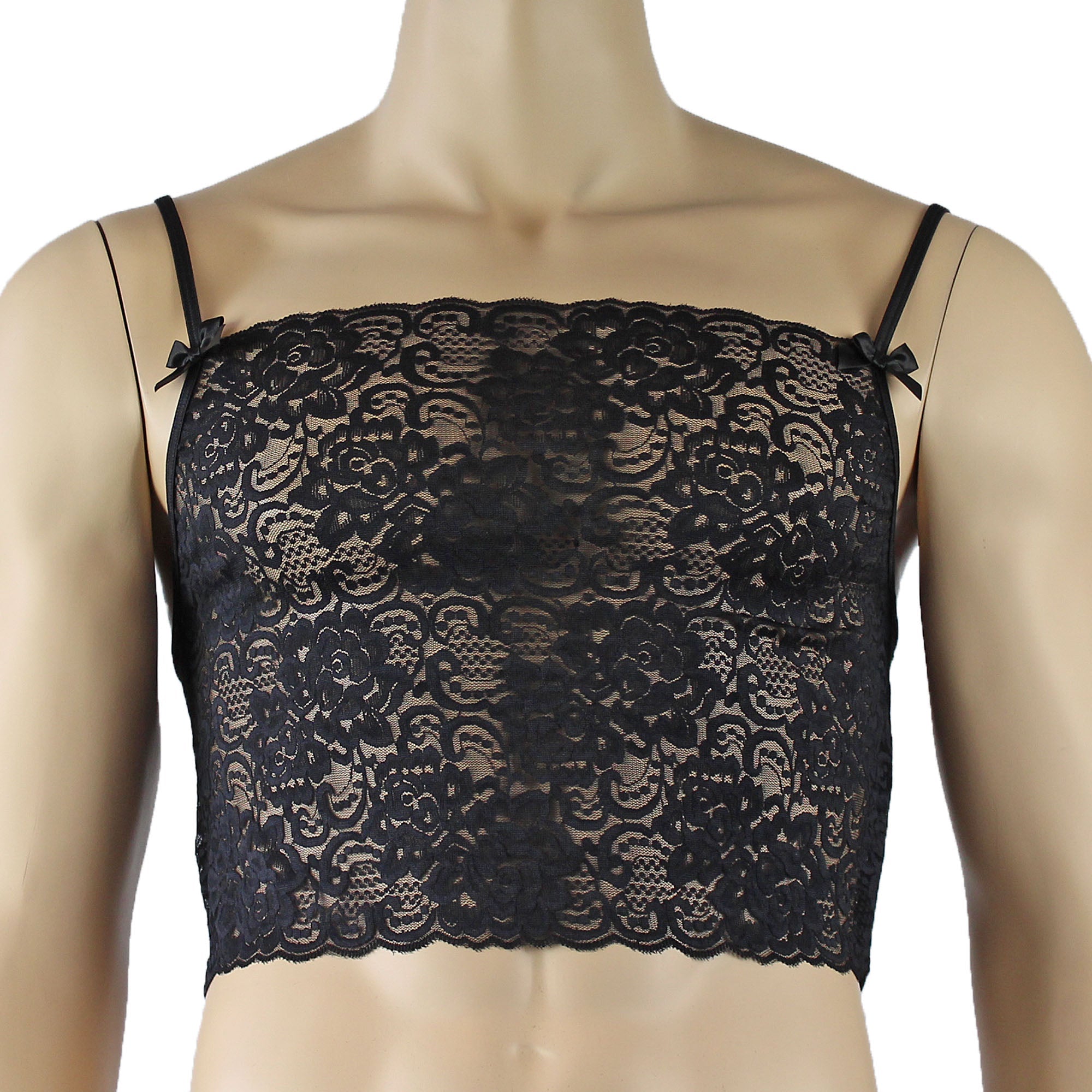 Mens Rebecca Pretty Floral Lingerie Lace Camisole Top, Micro Mini Skirt and G string Black