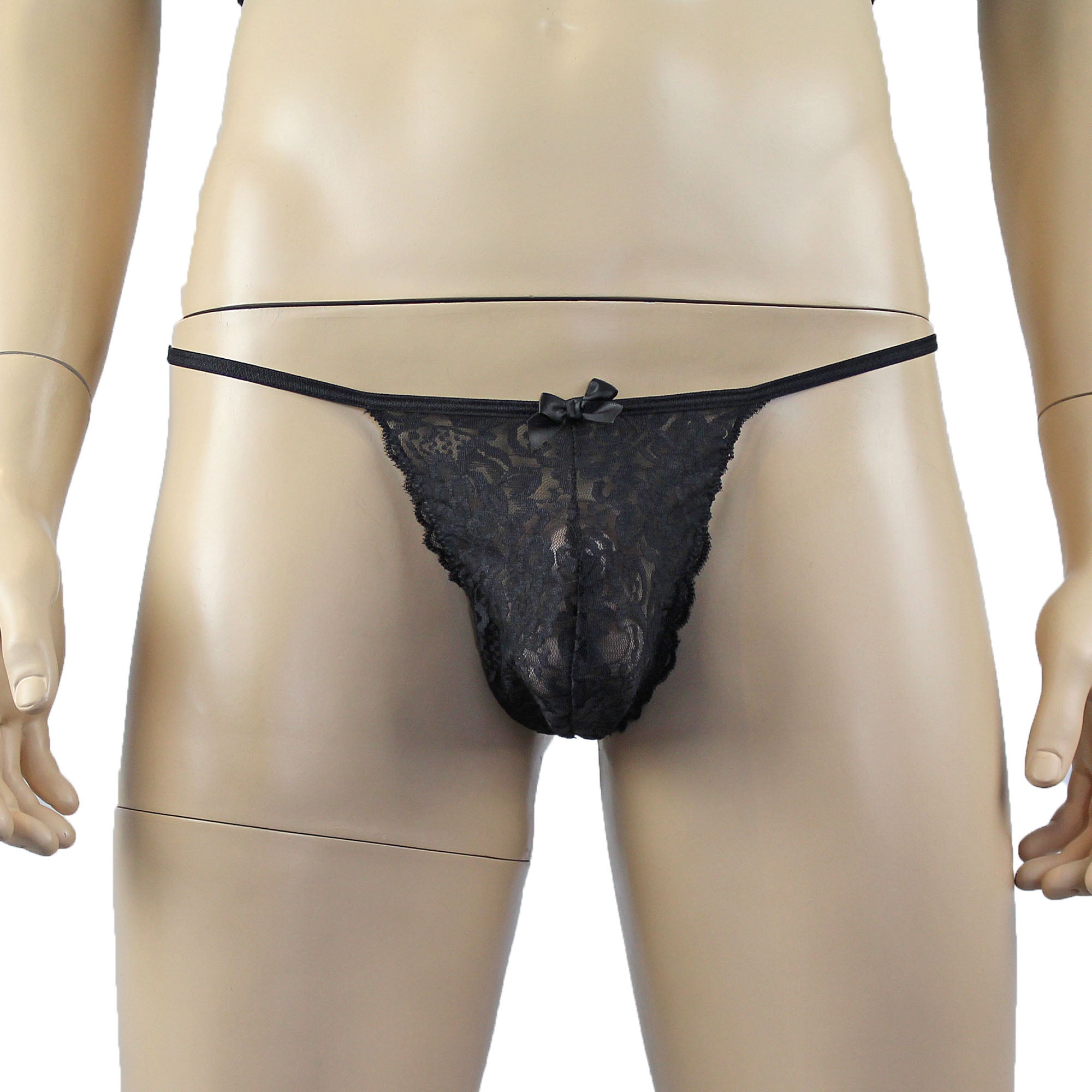 Mens Rebecca Pretty Floral Lingerie Lace Bra Top, Open Garter Boxer Shorts with G string Black