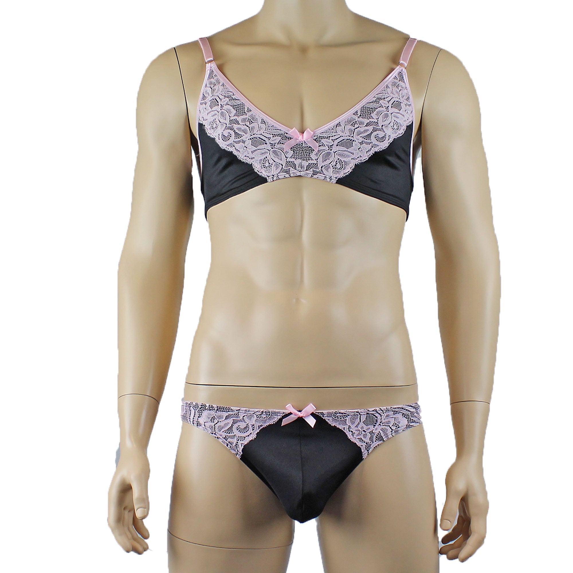 Mens Isabel Bra Top and Bikini Brief Male Lingerie Black & Light Pink Lace