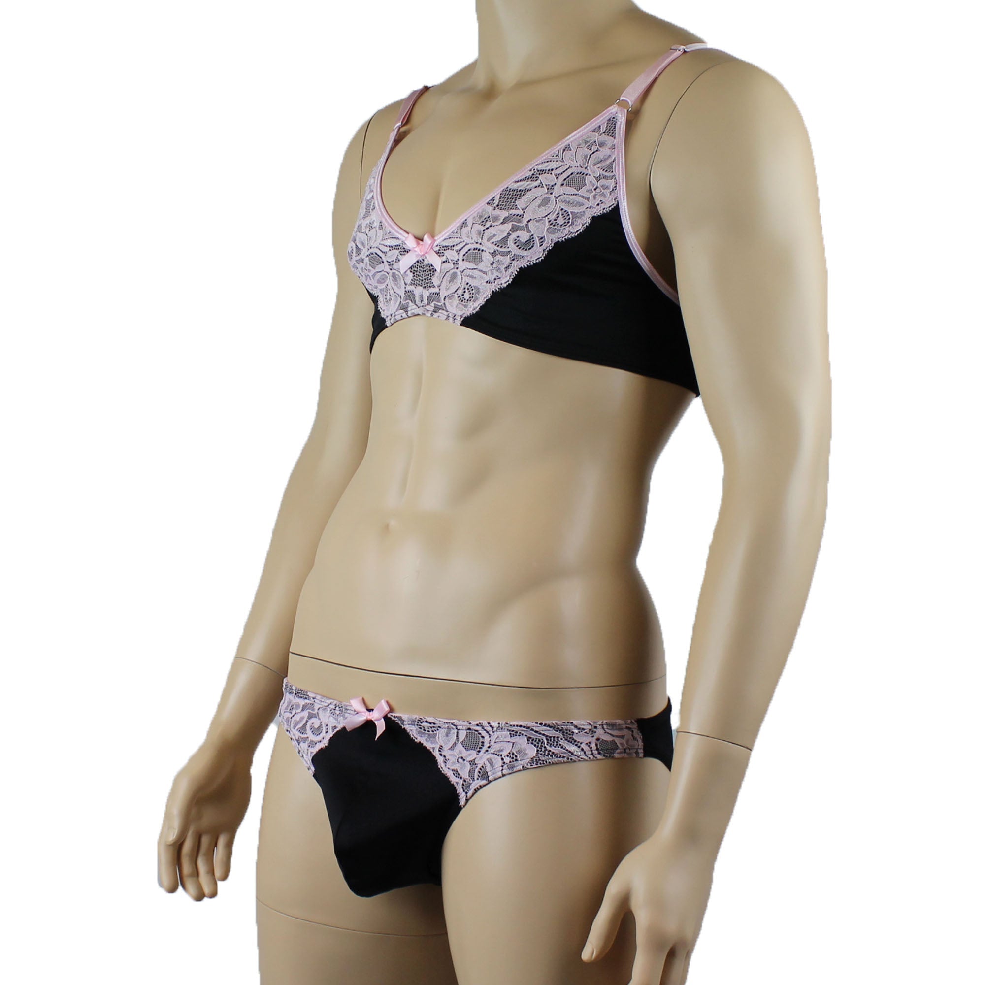 Mens Isabel Bra Top and Bikini Brief Male Lingerie Black & Light Pink Lace