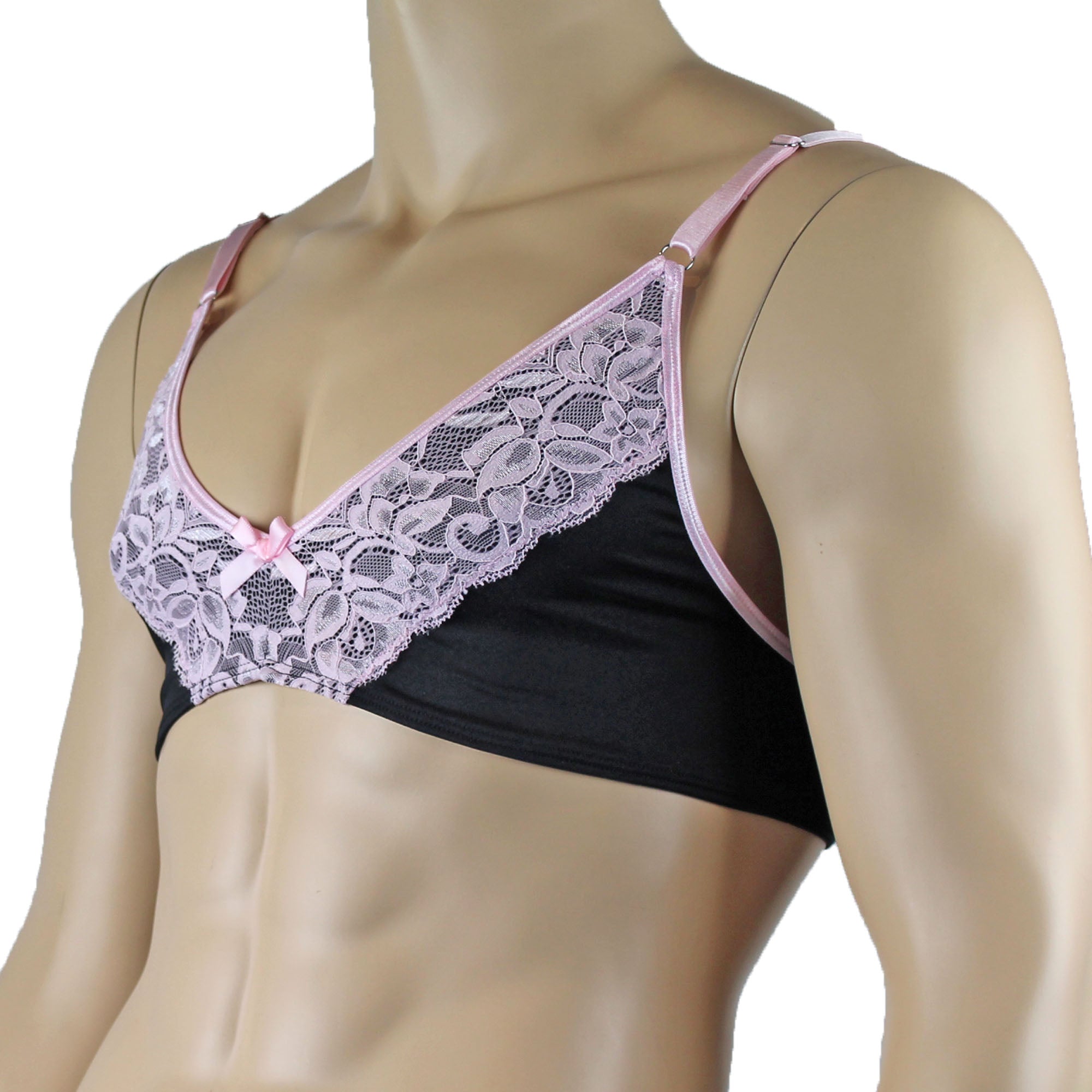 Mens Isabel Bra Top with Floral Lace Trim Male Lingerie Black & Light Pink Lace