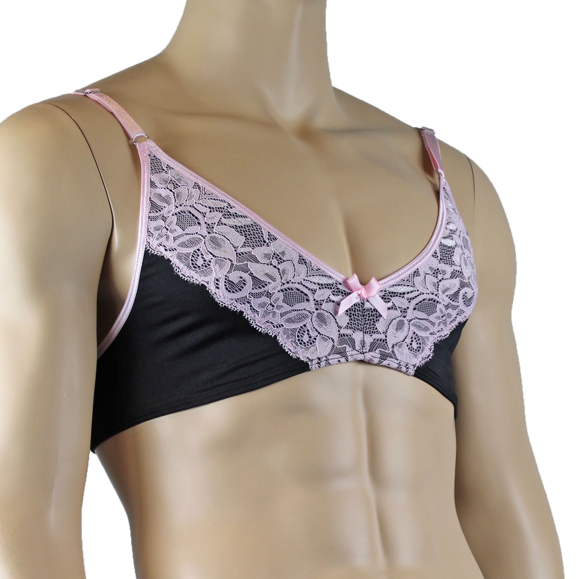 Mens Isabel Bra Top with Floral Lace Trim Male Lingerie Black & Light Pink Lace