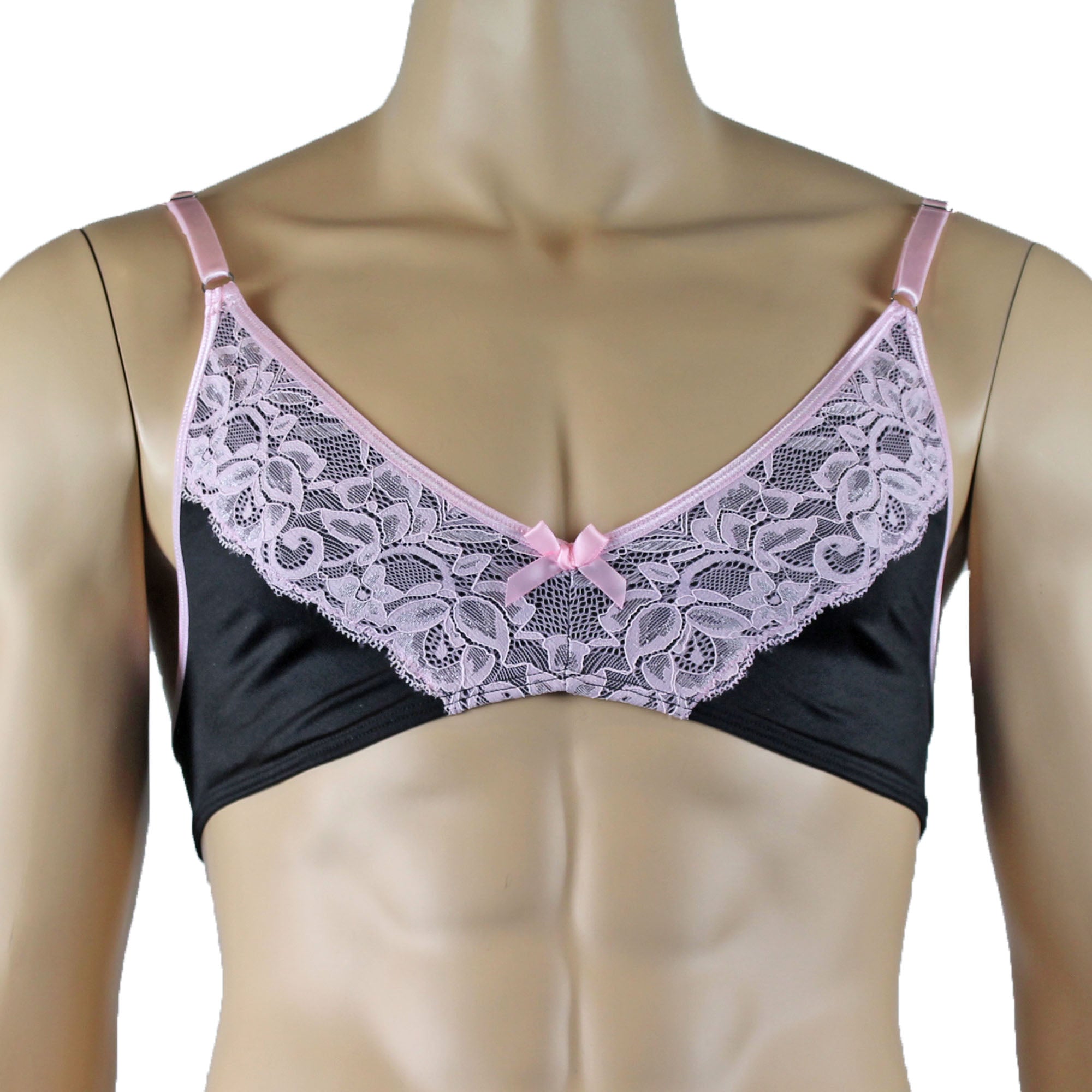 Mens Isabel Bra Top with Floral Lace Trim Male Lingerie Black & Light Pink Lace