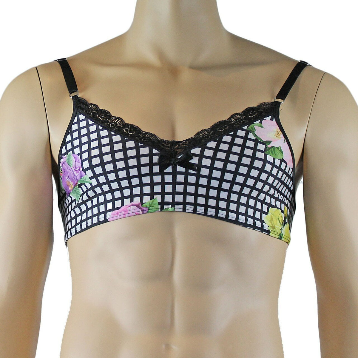 Mens Diana Bra Top & G string in a Pretty Flower Checkered Print Spandex