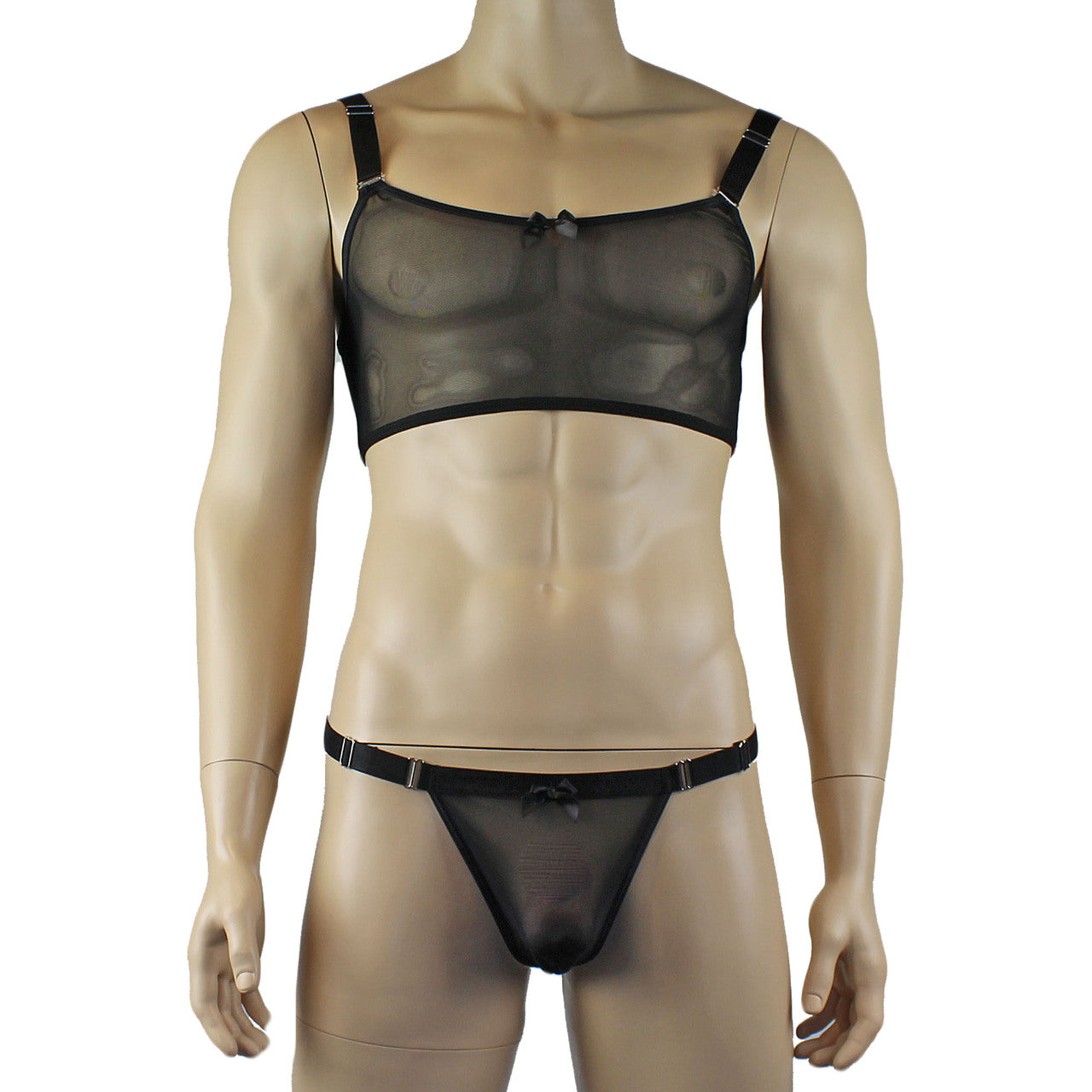 Mens Exotic Sheer Mesh Crop Bra Top Camisole & G string - Sizes up to 3XL Black