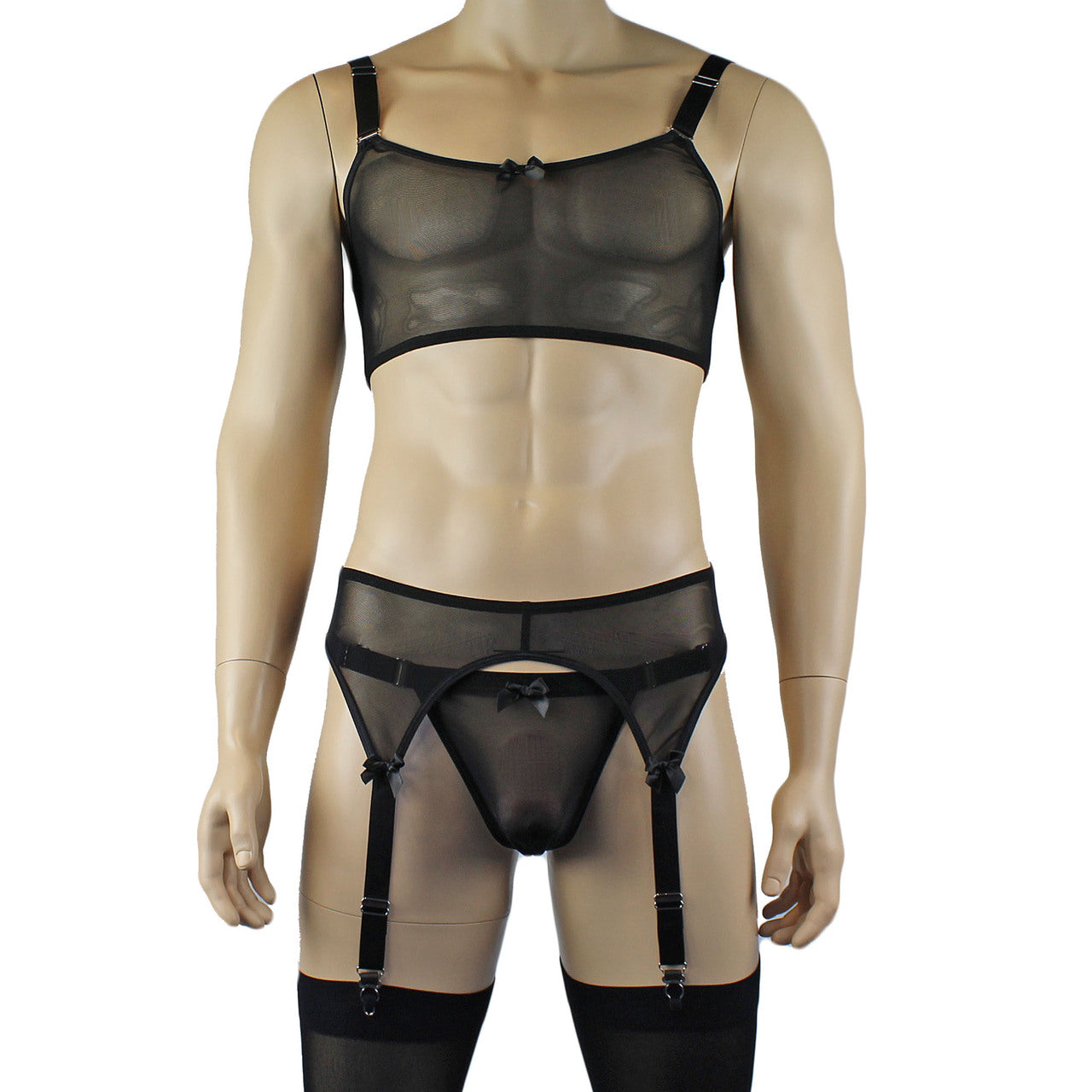 Mens Exotic Sheer Mesh Crop Bra Top Camisole, G string & Garterbelt - Sizes up to 3XL Black