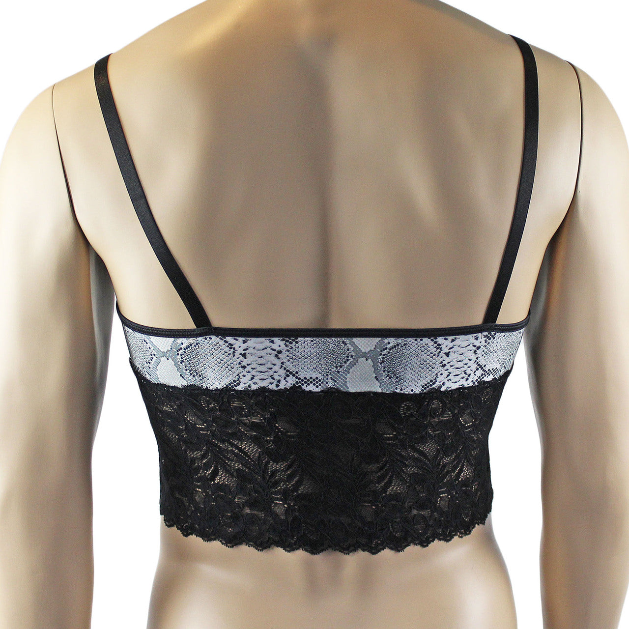 Mens Grey Snake Print & Black Lace Bra Top Camisole