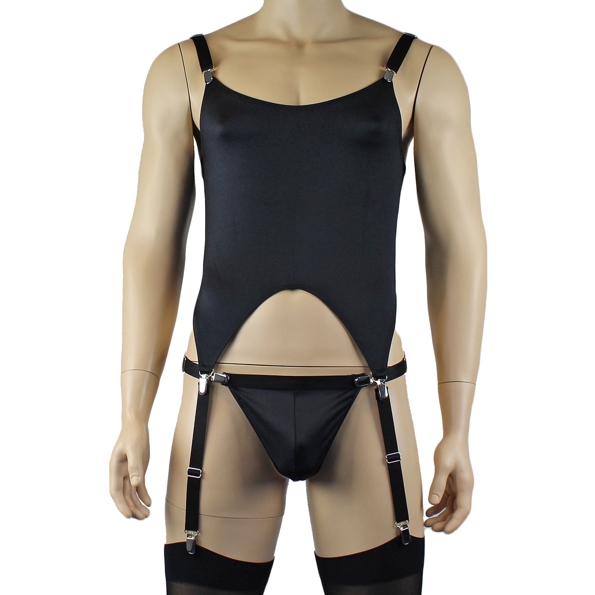 Mens Janice Corset Top, G string, Detachable Garters and Thigh High Stockings - Sizes up to 3XL