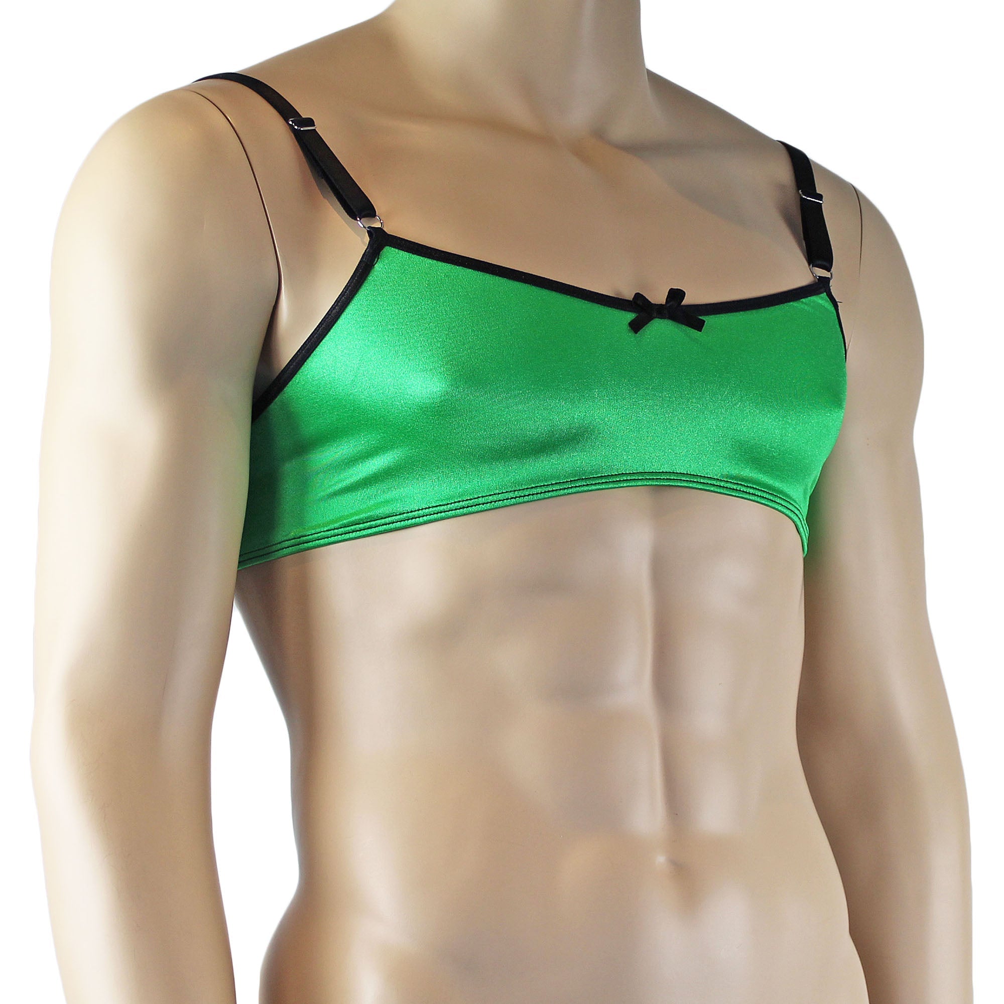 Mens Jenny Shiny Spandex Bra Top with Adjustable Straps Neon Green & Black