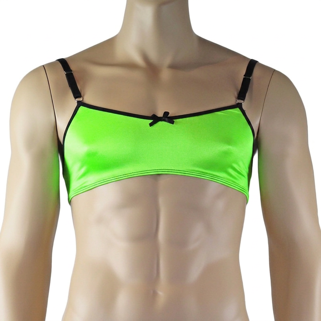 Mens Jenny Shiny Spandex Bra Top & G string Lingerie Neon Green & Black