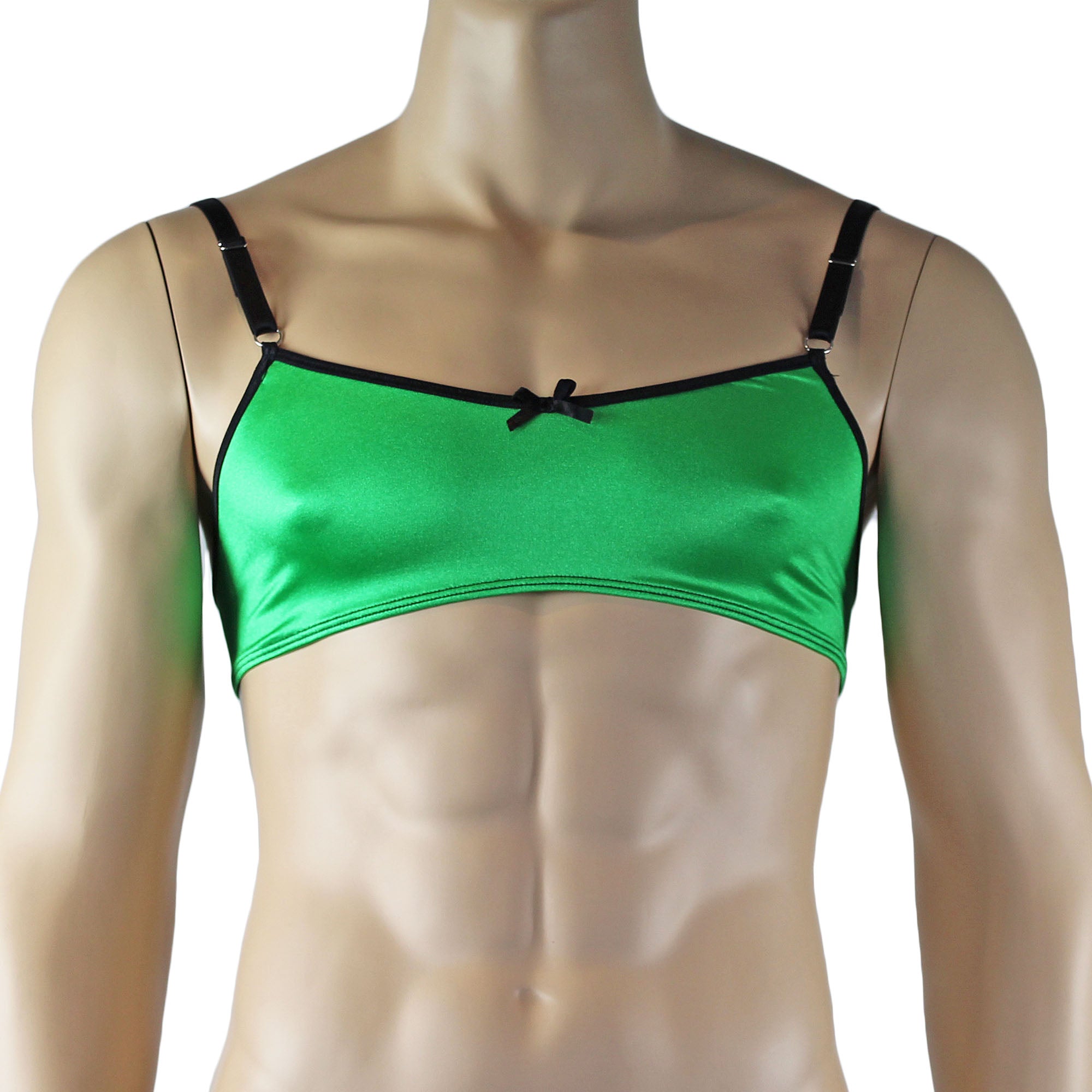 Mens Jenny Shiny Spandex Bra Top with Adjustable Straps Neon Green & Black