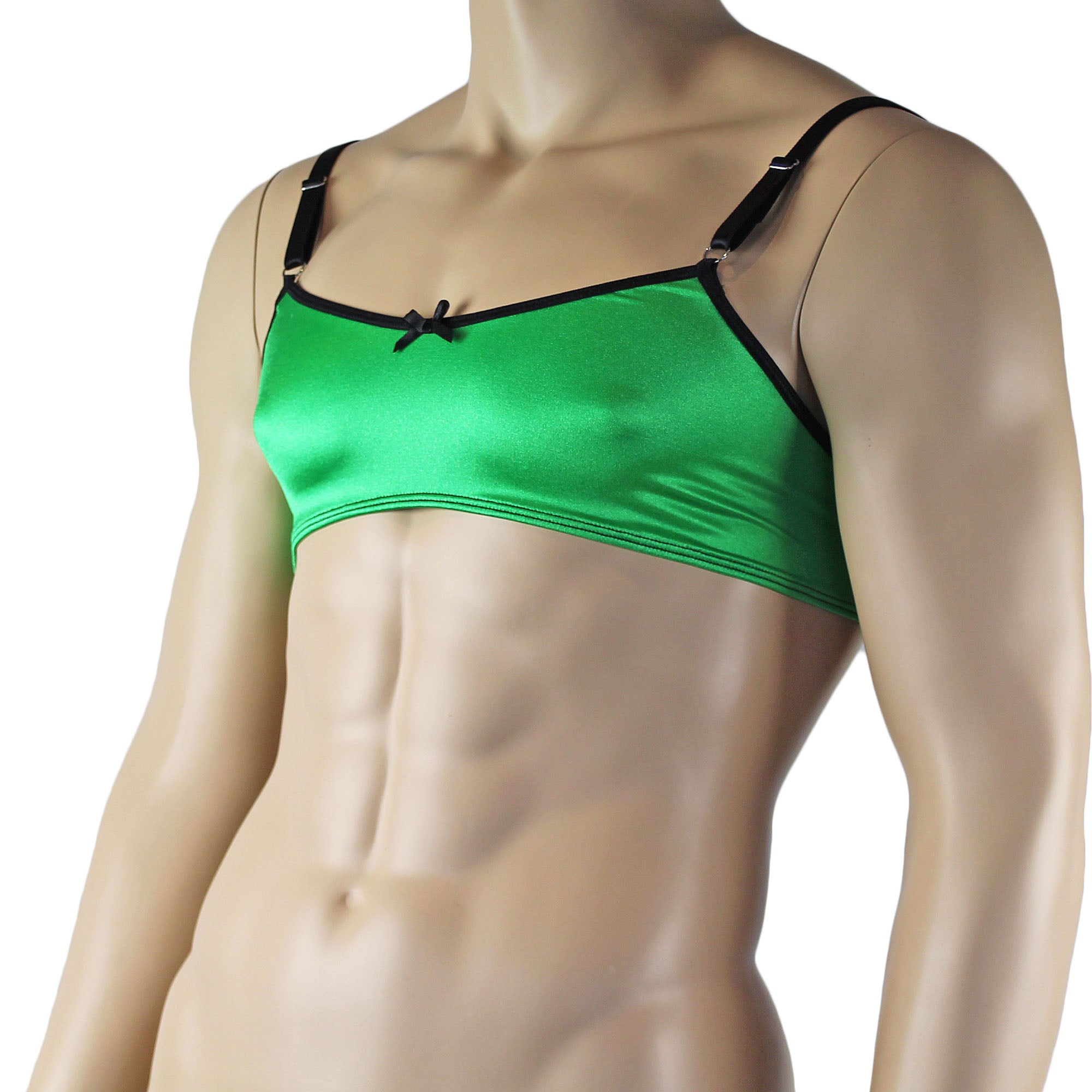 Mens Jenny Shiny Spandex Bra Top with Adjustable Straps Neon Green & Black