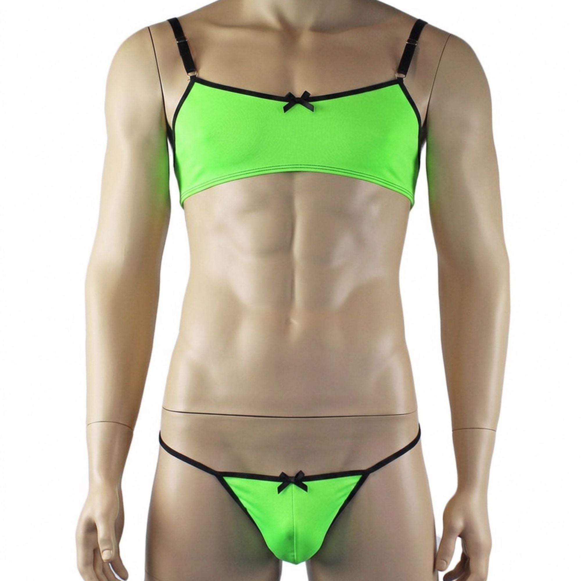 Mens Jenny Shiny Spandex Bra Top & G string Lingerie Neon Green & Black