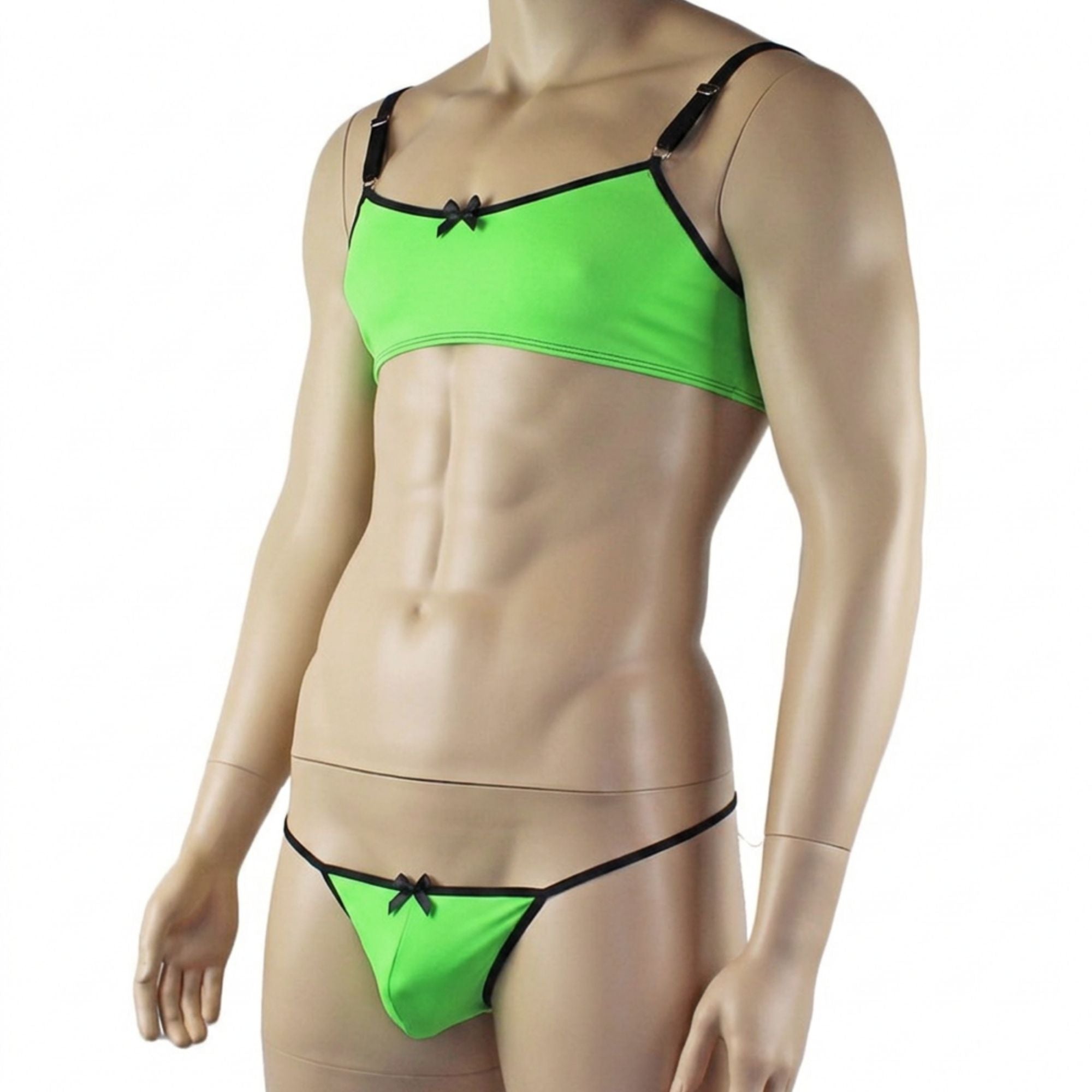 Mens Jenny Shiny Spandex Bra Top & G string Lingerie Neon Green & Black