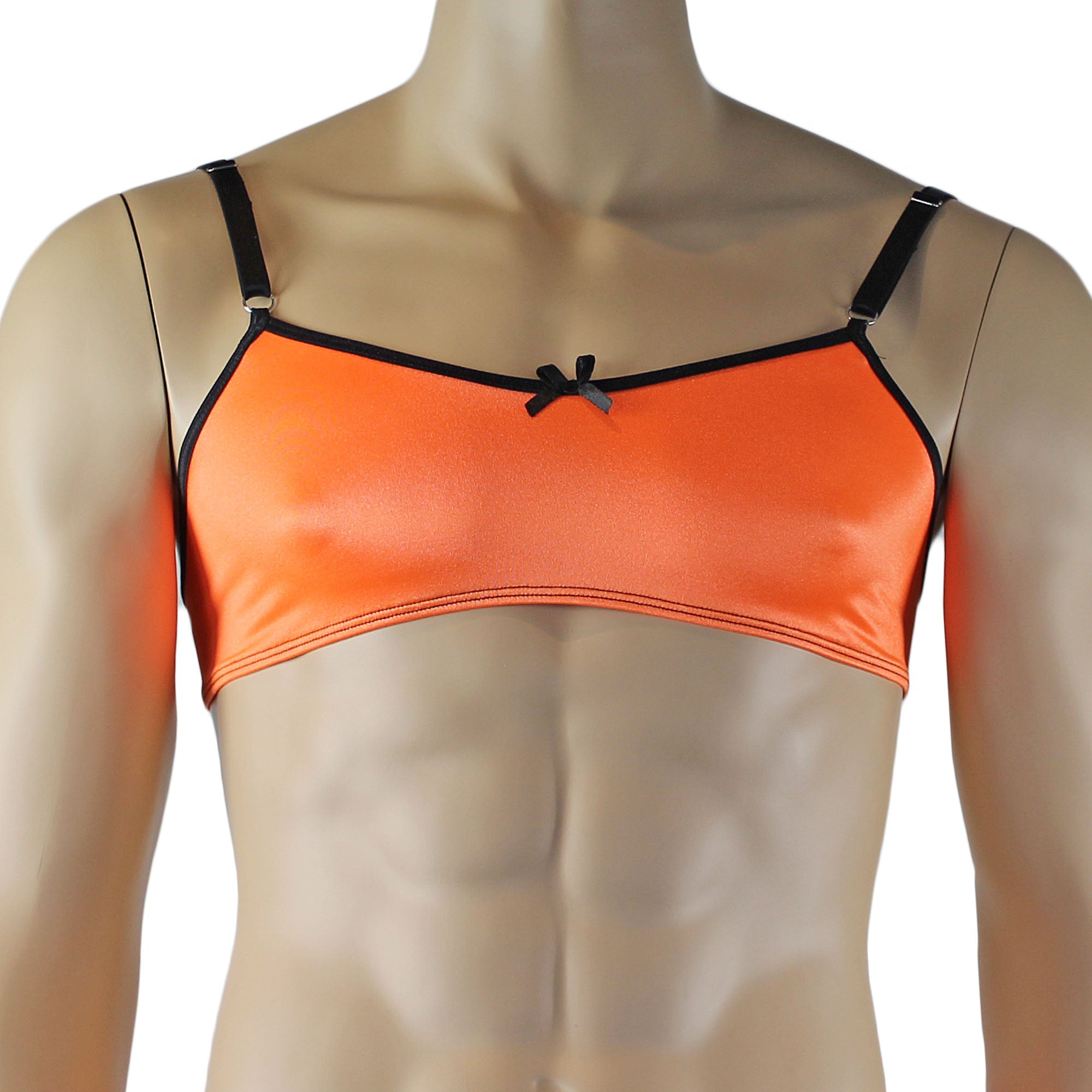 Mens Jenny Shiny Spandex Bra Top, G string and Garterbelt Lingerie Orange & Black