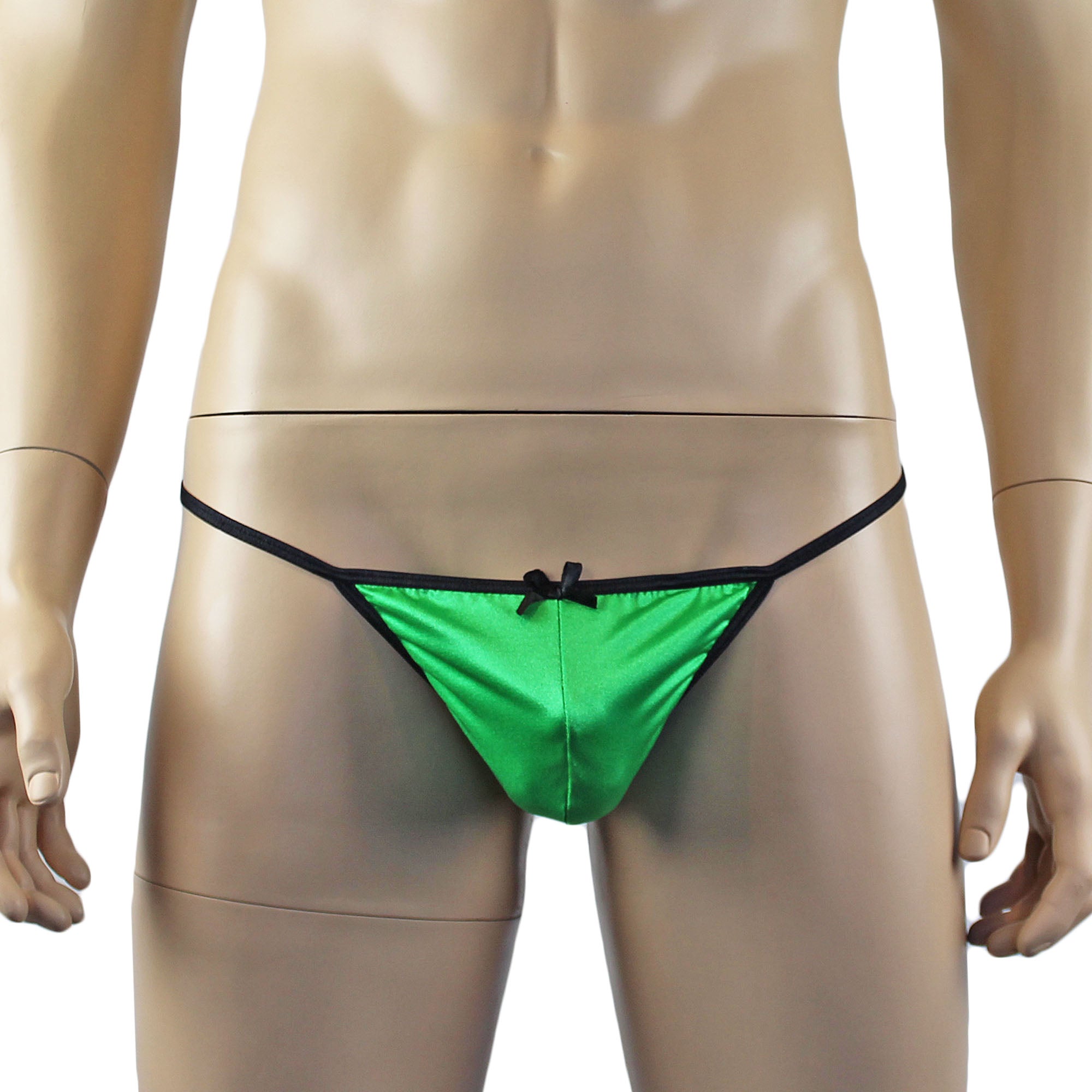 Mens Jenny Shiny Spandex Pouch G string with Bow Neon Green & Black