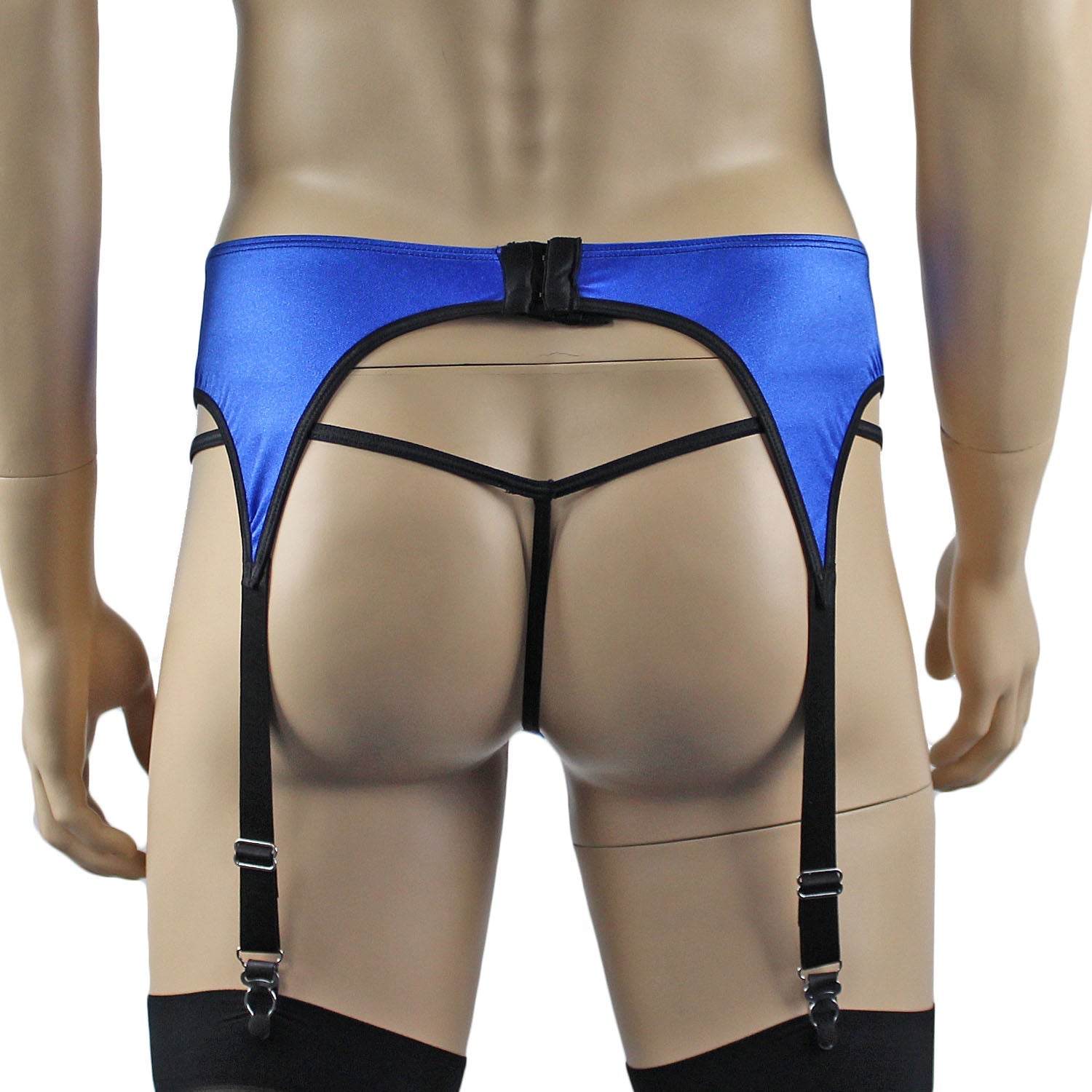 Mens Jenny Shiny Spandex Bra Top, G string and Garterbelt Lingerie Blue & Black