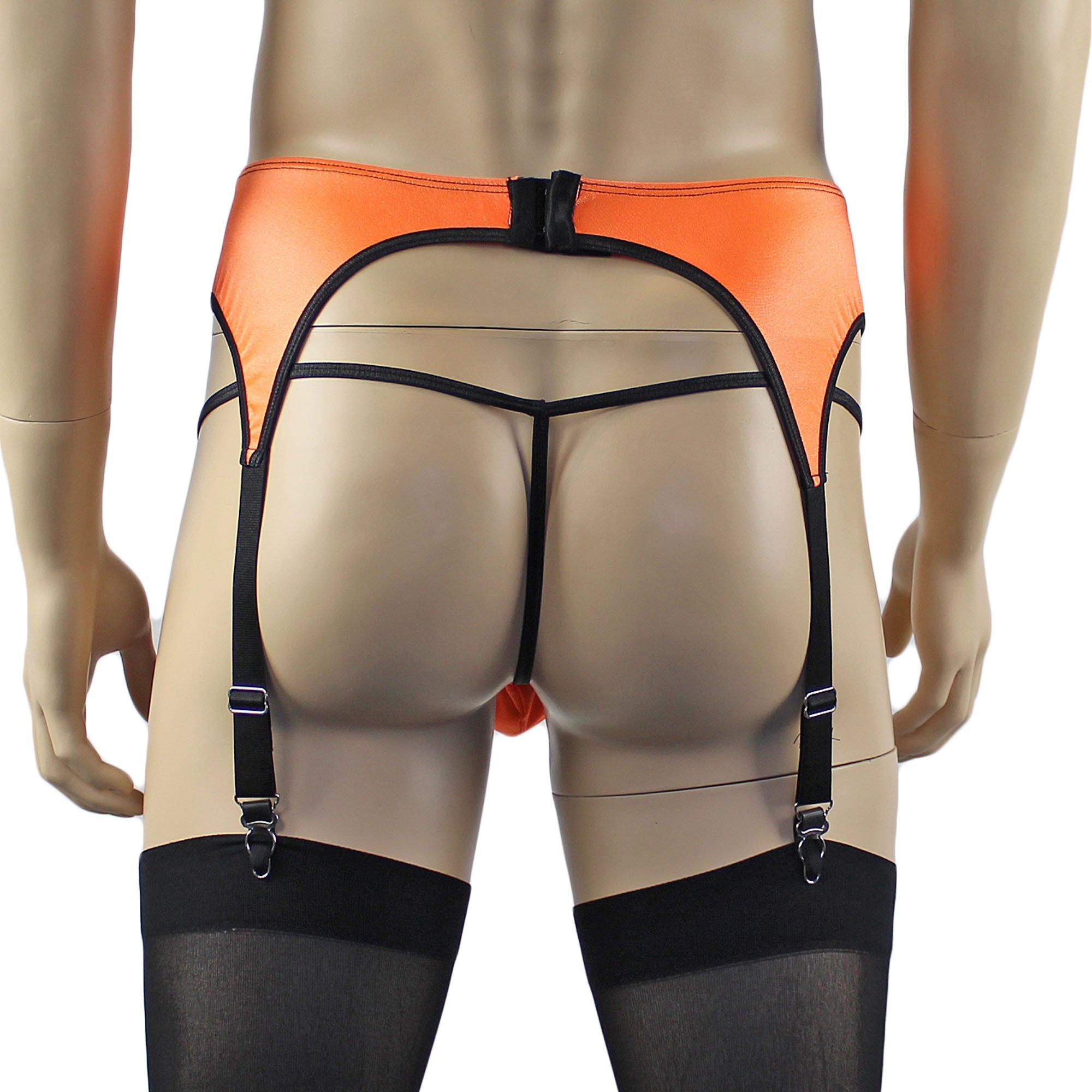 Mens Jenny Shiny Spandex Bra Top, G string and Garterbelt Lingerie Orange & Black