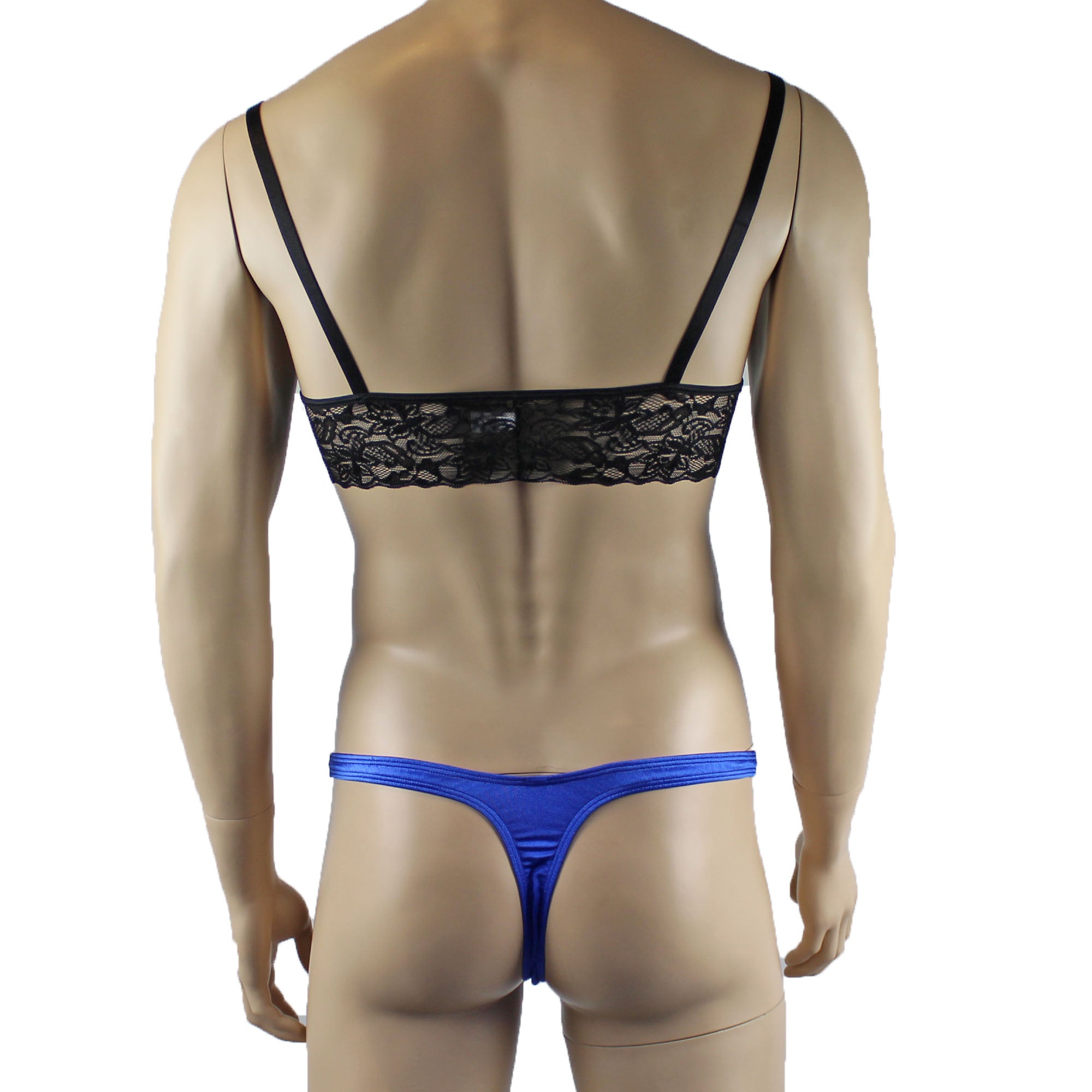 Mens Joanne Lace Bra Top Lingerie and Thong for Men Blue and Black Lace