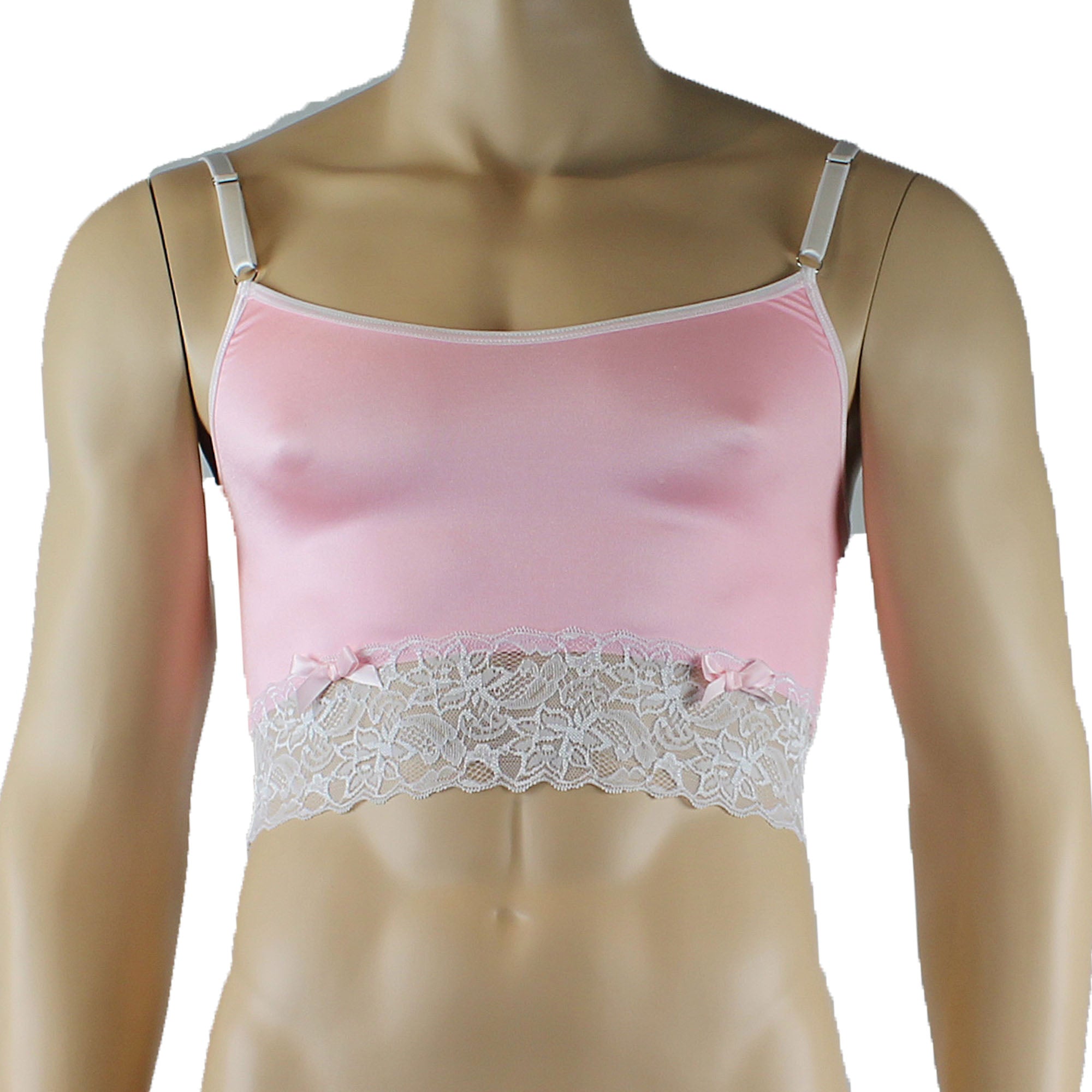 Mens Joanne Satin & Lace Crop Cami Top - Sizes up to 3XL Pink and White Lace