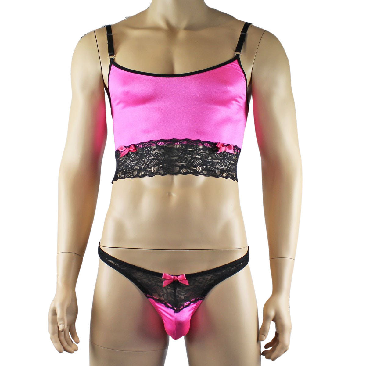 Mens Joanne Satin & Lace Crop Cami Top with Sexy Thong - Sizes up to 3XL Hot Pink and Black Lace