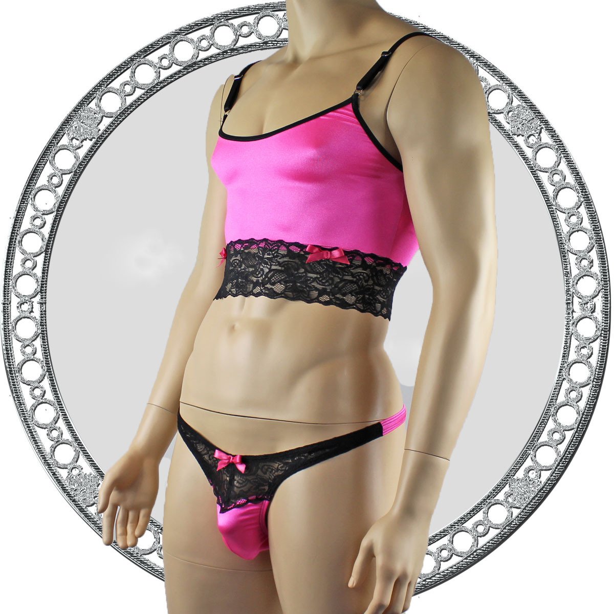 Mens Satin & Lace Crop Cami Top with Sexy Thong Hot Pink and Black