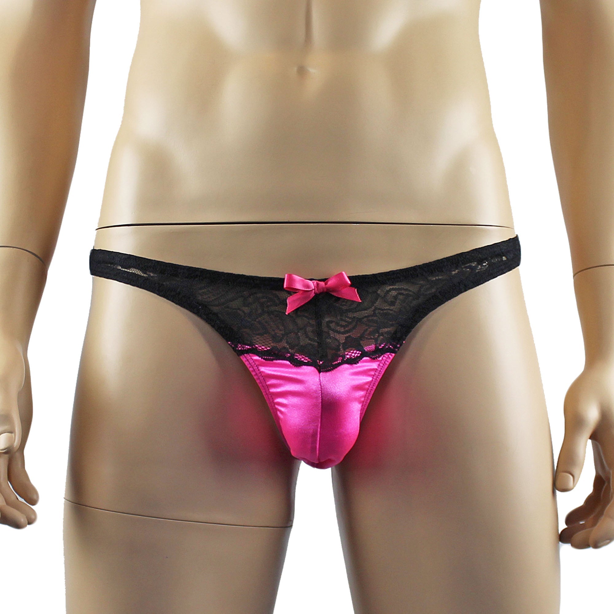 Mens Joanne Camisole Bustier Garter Top with Thong & Stockings - Sizes up to 3XL Hot Pink and Black Lace