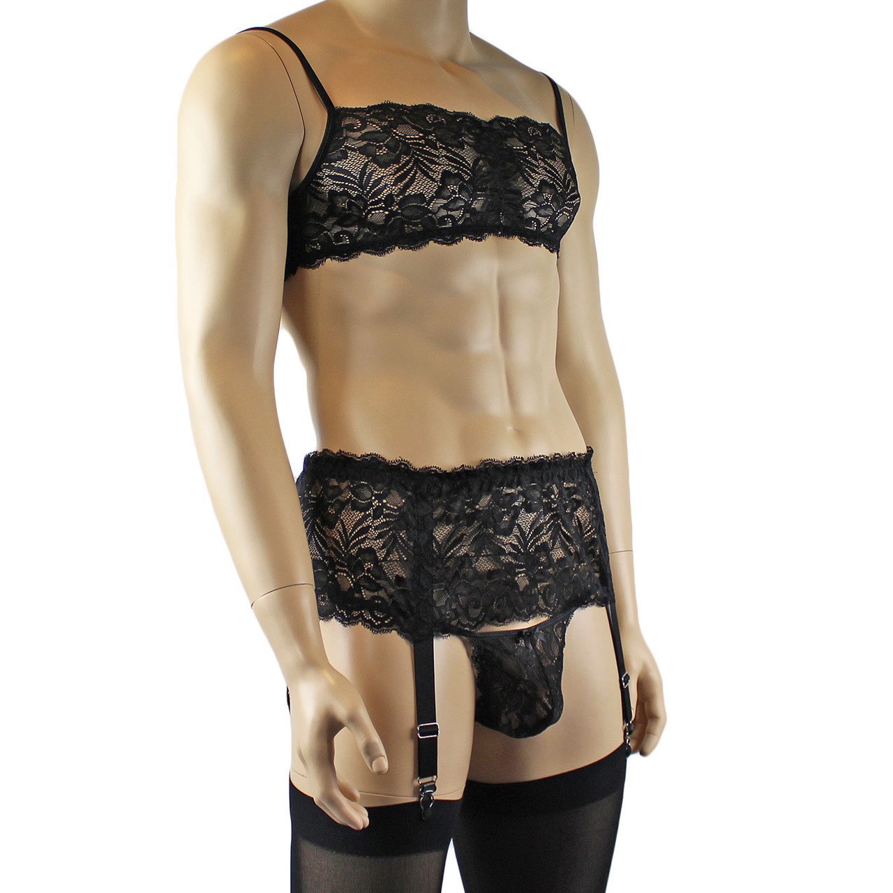 Mens Sexy Lace Camisole Top, Capri Panties & Garterbelt Black Mens Sexy Lace Camisole Top, Capri Panties & Garterbelt Black