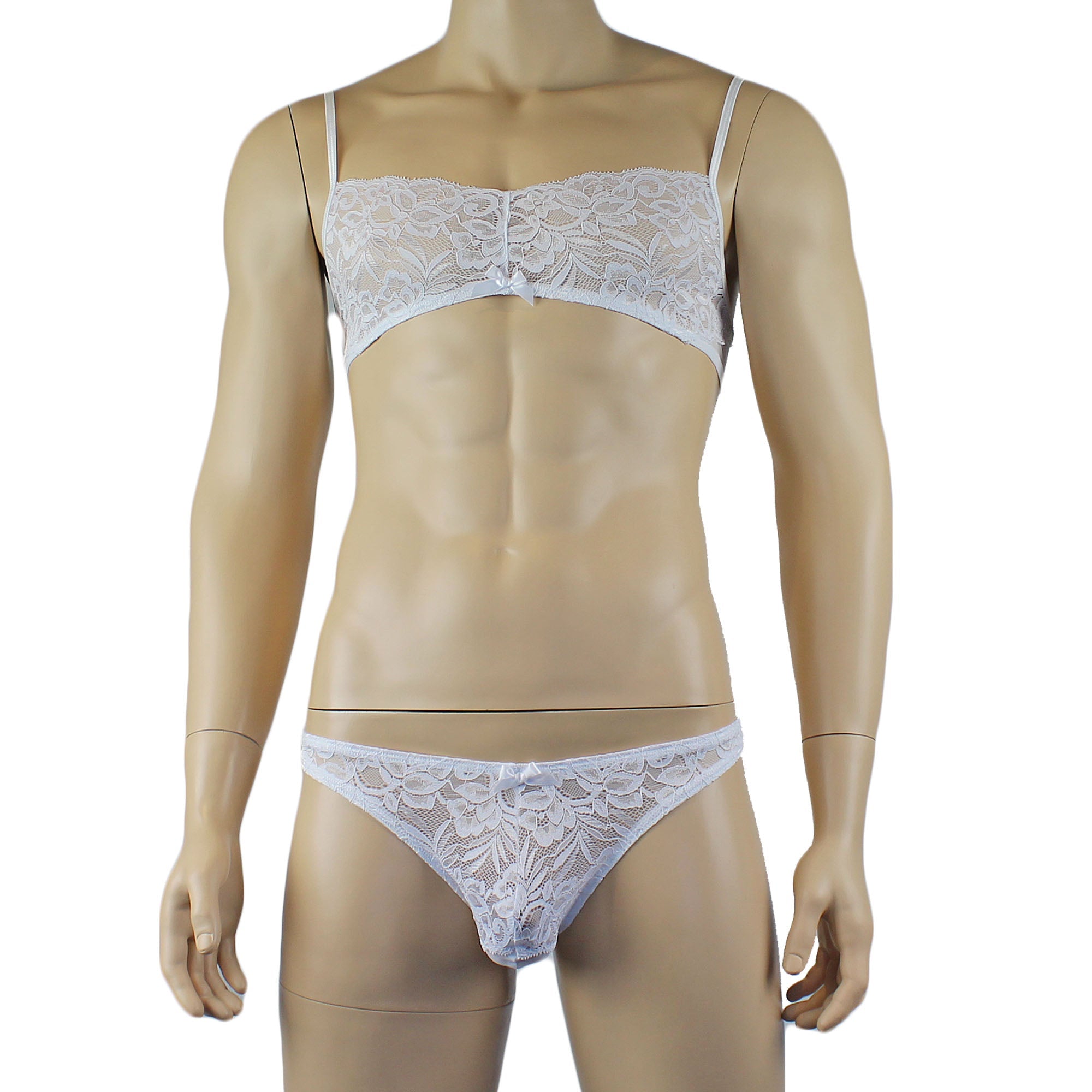 Mens Kristy Lace & Mesh Bra Top BR02L and Thong Panty White