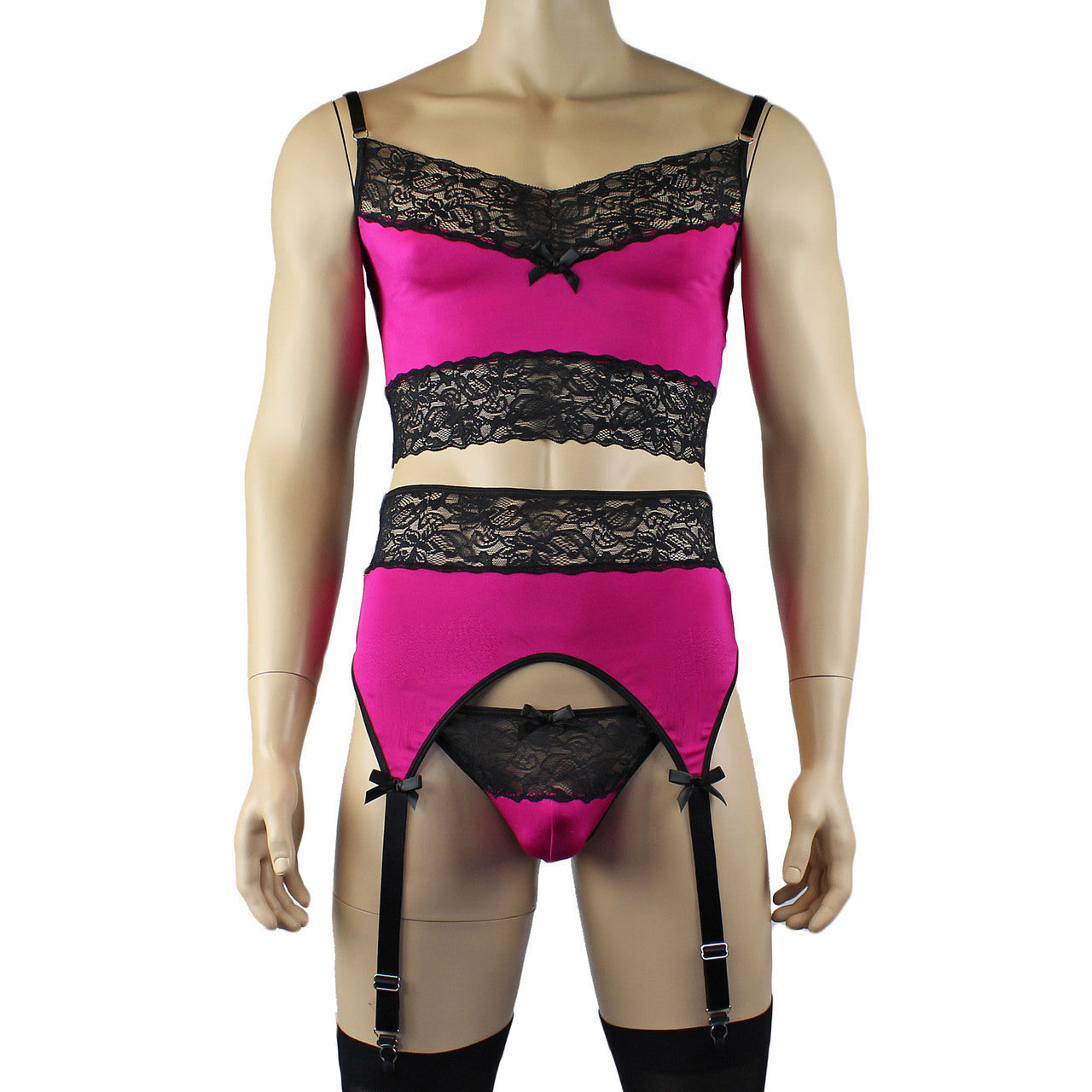 Mens Glamour Lycra & lace Cami Top, High Cut Garterbelt, G string & Stockings (raspberry plus other colours)
