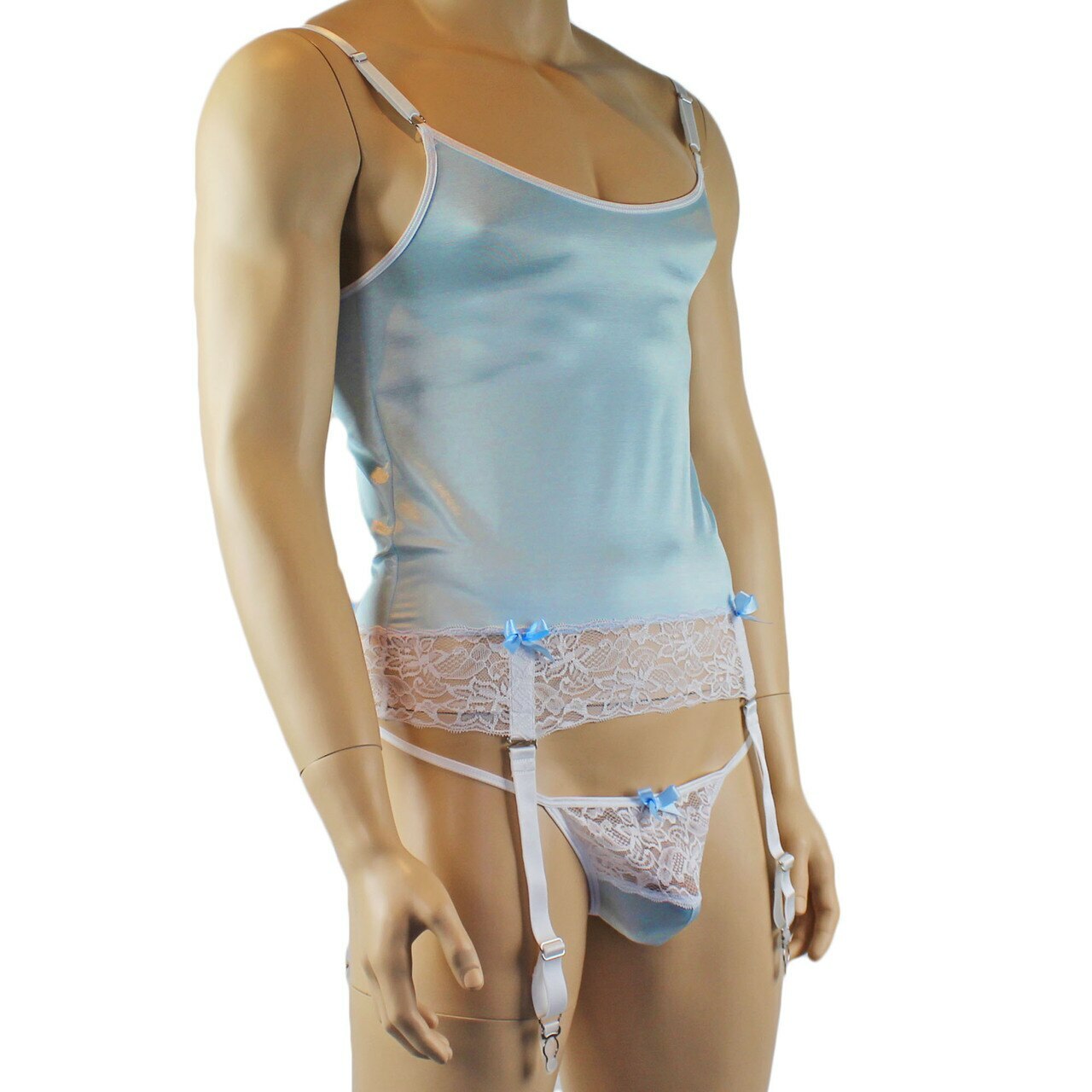 Mens Joanne Camisole Bustier Garter Top with Pouch G string & Stockings - Sizes up to 3XL Light Blue and White Lace