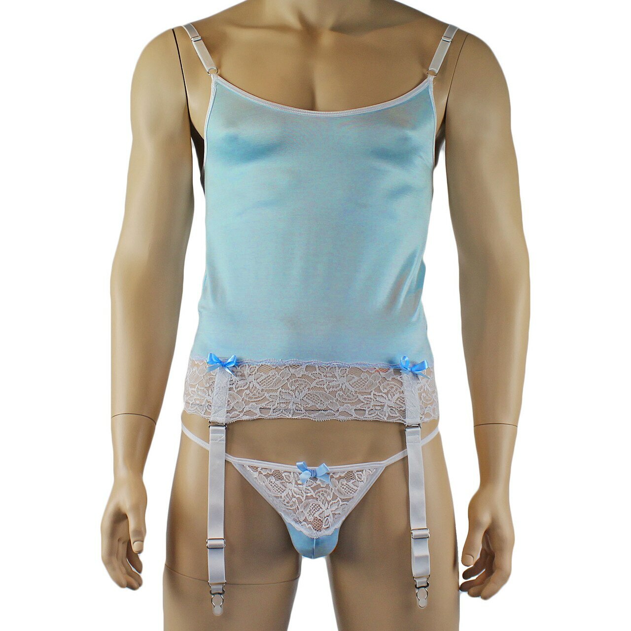 Mens Joanne Camisole Bustier Garter Top with Pouch G string & Stockings - Sizes up to 3XL Light Blue and White Lace