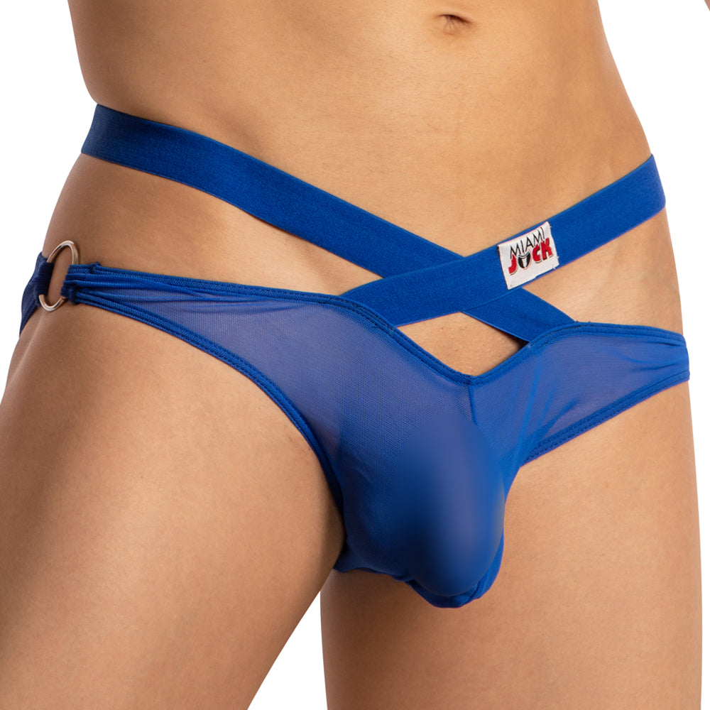 Miami Jock MJJ005 Cross Strapped Sheer Pouch and Back Brief Blue